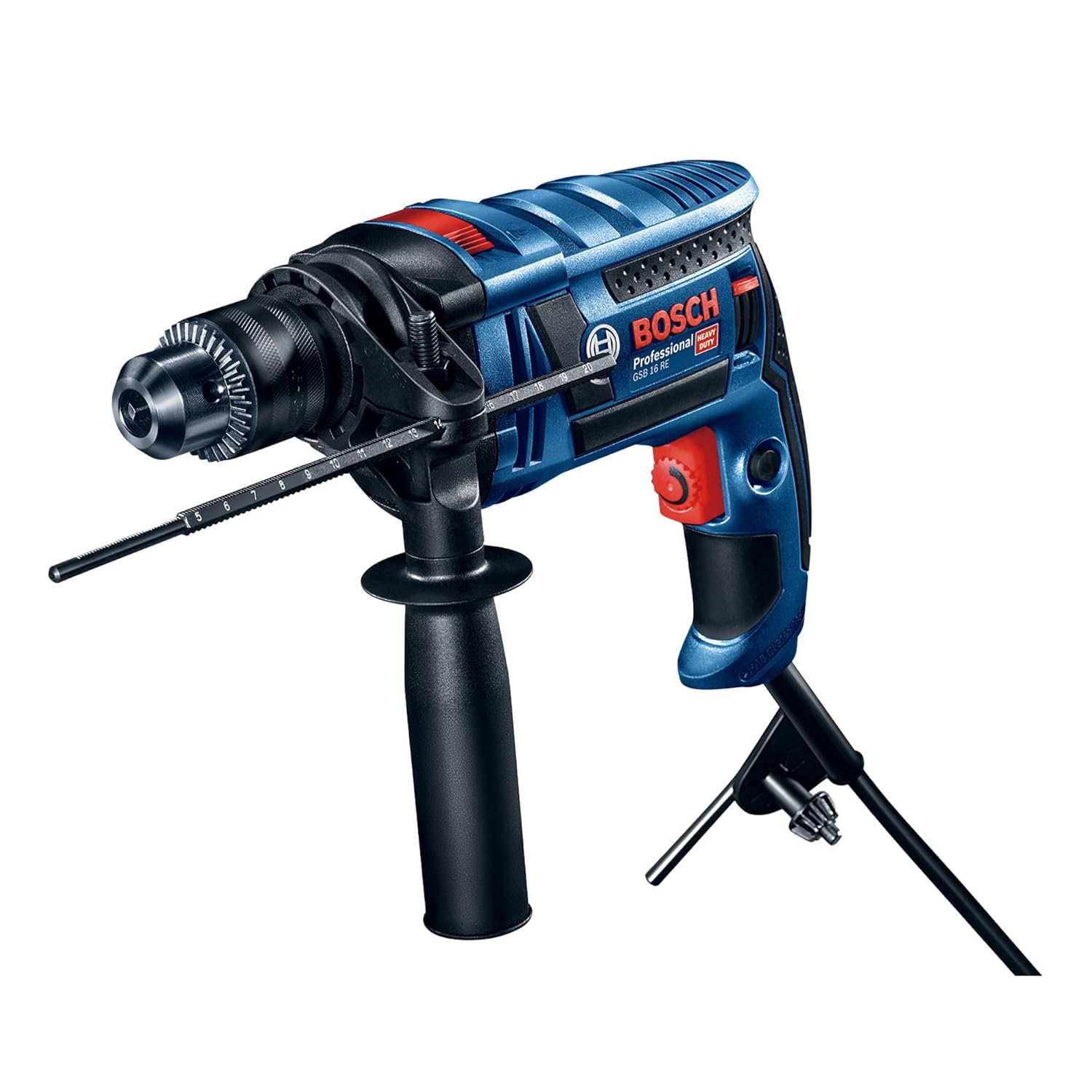 Bosch GSB 16 RE Heavy Duty Corded Electric Impact Drill, 750W, 1.8 kg, 2.1 Nm, 3,250 rpm, 13 mm Chuck, Compact Design, With Auxiliary Handle, Depth gauge, Chuck key, 1 Year Warranty