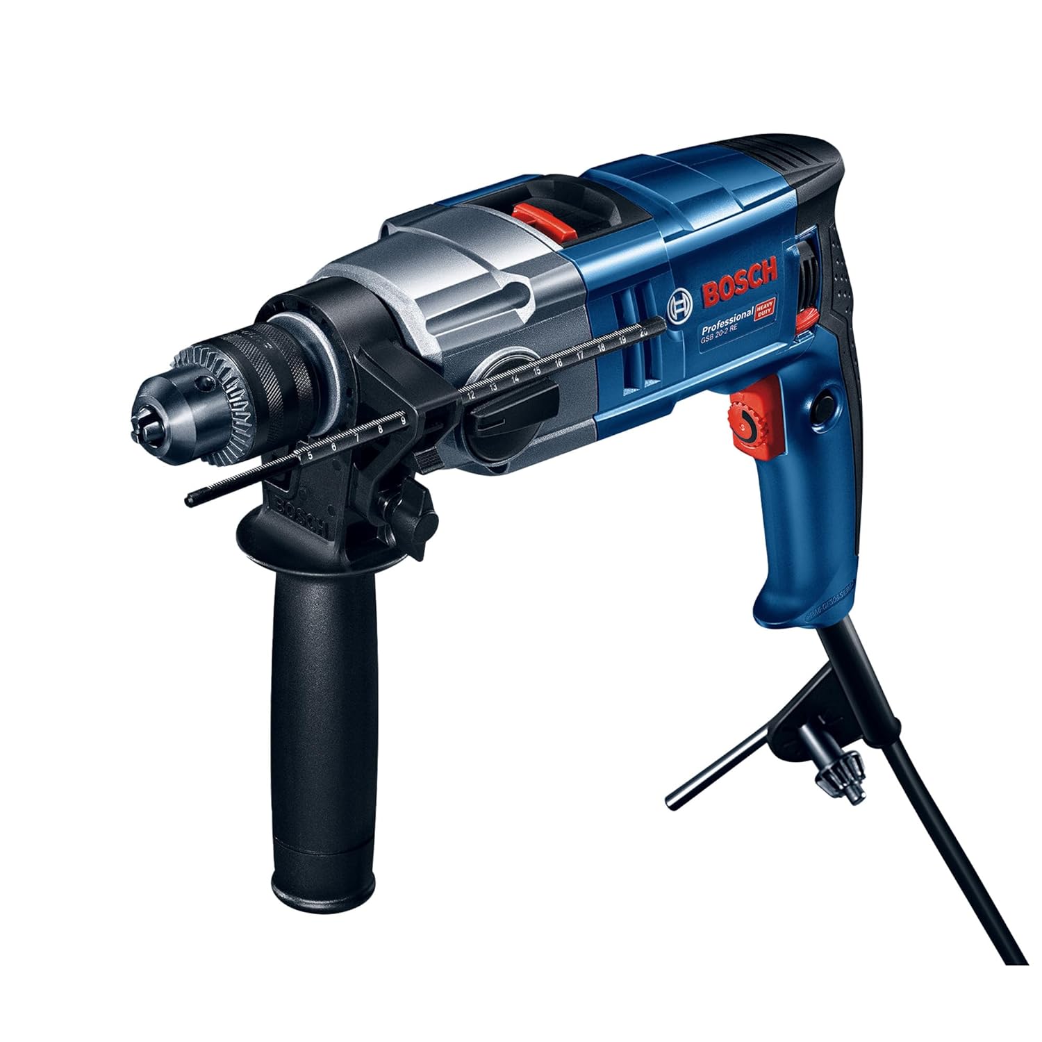 Bosch GSB 20-2 RE Heavy Duty Corded Electric Drill, 800W, 2.5 kg, 5.2 Nm, 3,000 rpm, 13 mm chuck, Metal Gear, 2 Gear Function + Auxiliary Handle, Chuck Key & Depth Gauge, 1 Year Warranty