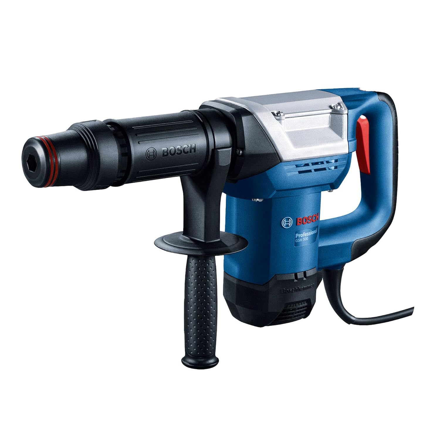 Bosch GSH 500 Corded Electric Demolition Hammer With Hex, 1,100W, 2,900 bpm, 7.8 J, 5.6 kg, Low Vibration + 1 Pointed Hex chisel, 280 mm, 17 mm shank, 280 mm& Carrying Case, 1 Year Warranty