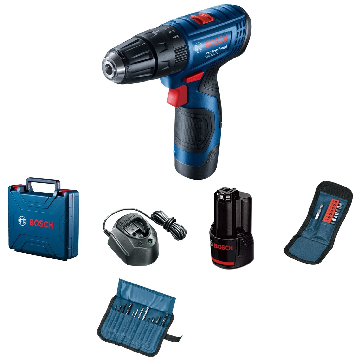 Bosch Professional GSB 120-LI Cordless Impact Drill Driver, 12 V, 10 mm Chuck, 2 x GBA 12 V 2.0Ah Battery, 1 x GAL 12V-20 Charger & 23 Pcs Accessories Set, 1 Year Warranty, Blue