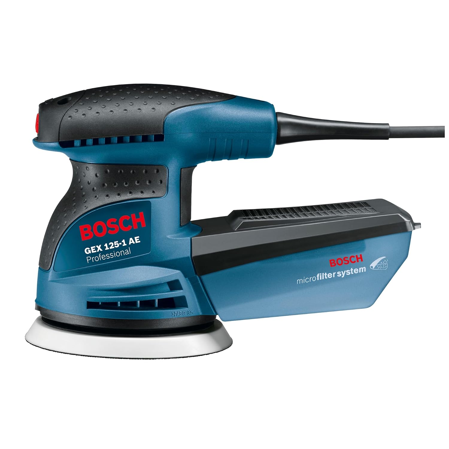 Bosch GEX 125-1 AE Heavy Duty Electric Random Orbit Sander, 250W, 12,000 rpm, 24,000 opm, 125 mm Pad Dia., Hook-and-Loop Fastening,1.3 kg + Microfilter box & Bosch Sanding Disc, 1 Year Warranty