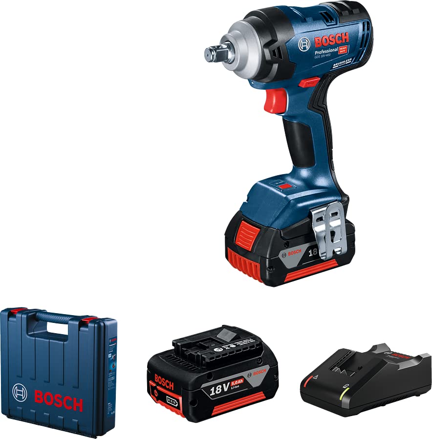BOSCH GDS 18V-400 Heavy Duty Cordless Impact Wrench kit, M20, Brushless Motor, 1050 Nm, 3700 Bpm, 1/2'', 2.9 Kg, Auto Bolt Release (Abr) + 2 X Battery GBA 18V 5.0Ah & Quick Charger GAL 18V-40