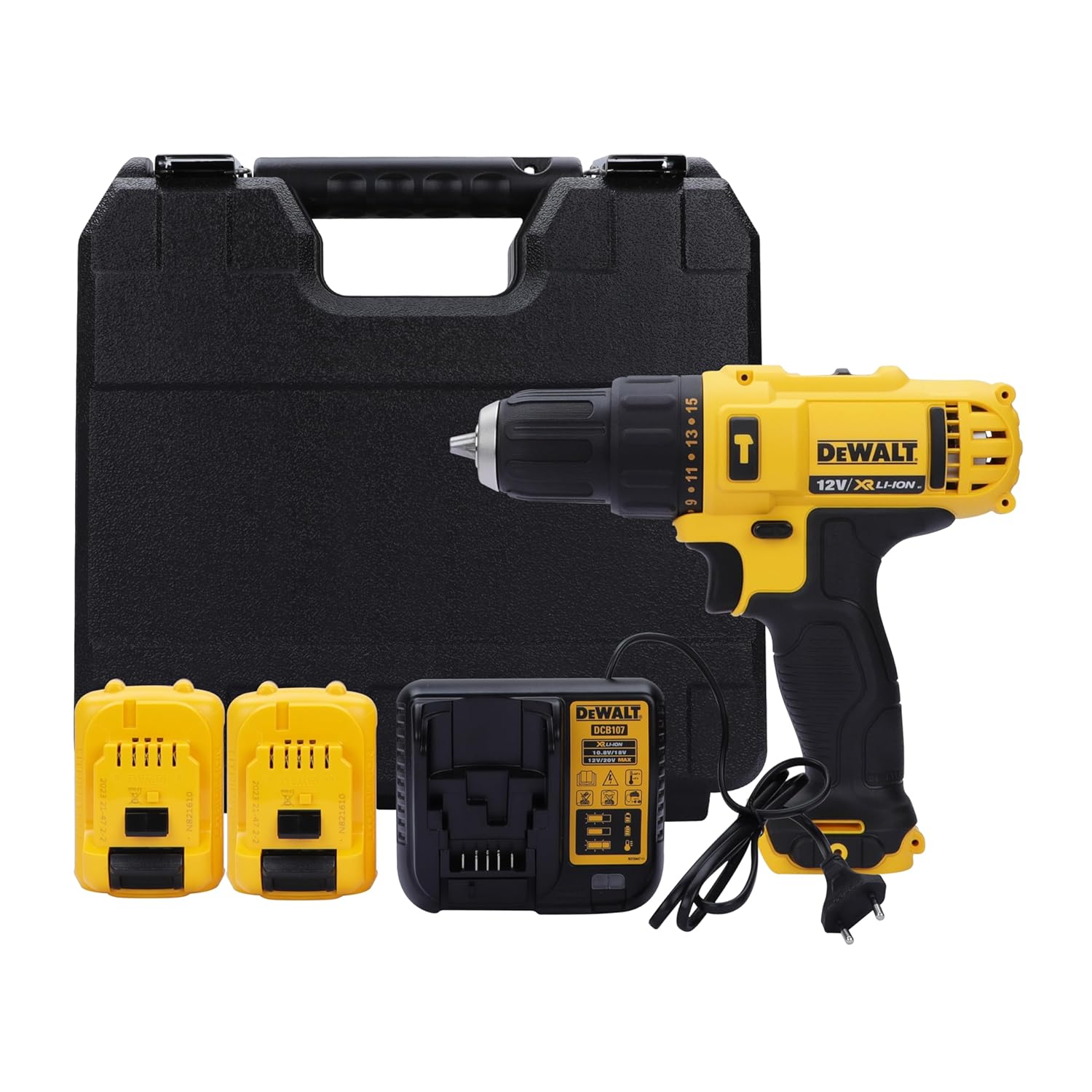 DEWALT DCD716D2 10.8V 10mm XR Li-ion Cordless Hammer Drill Machine with 2x2.0 Ah Batteries with LED Backlight for Home, DIY & Professional Use, 1 Year Warranty, YELLOW & BLACK