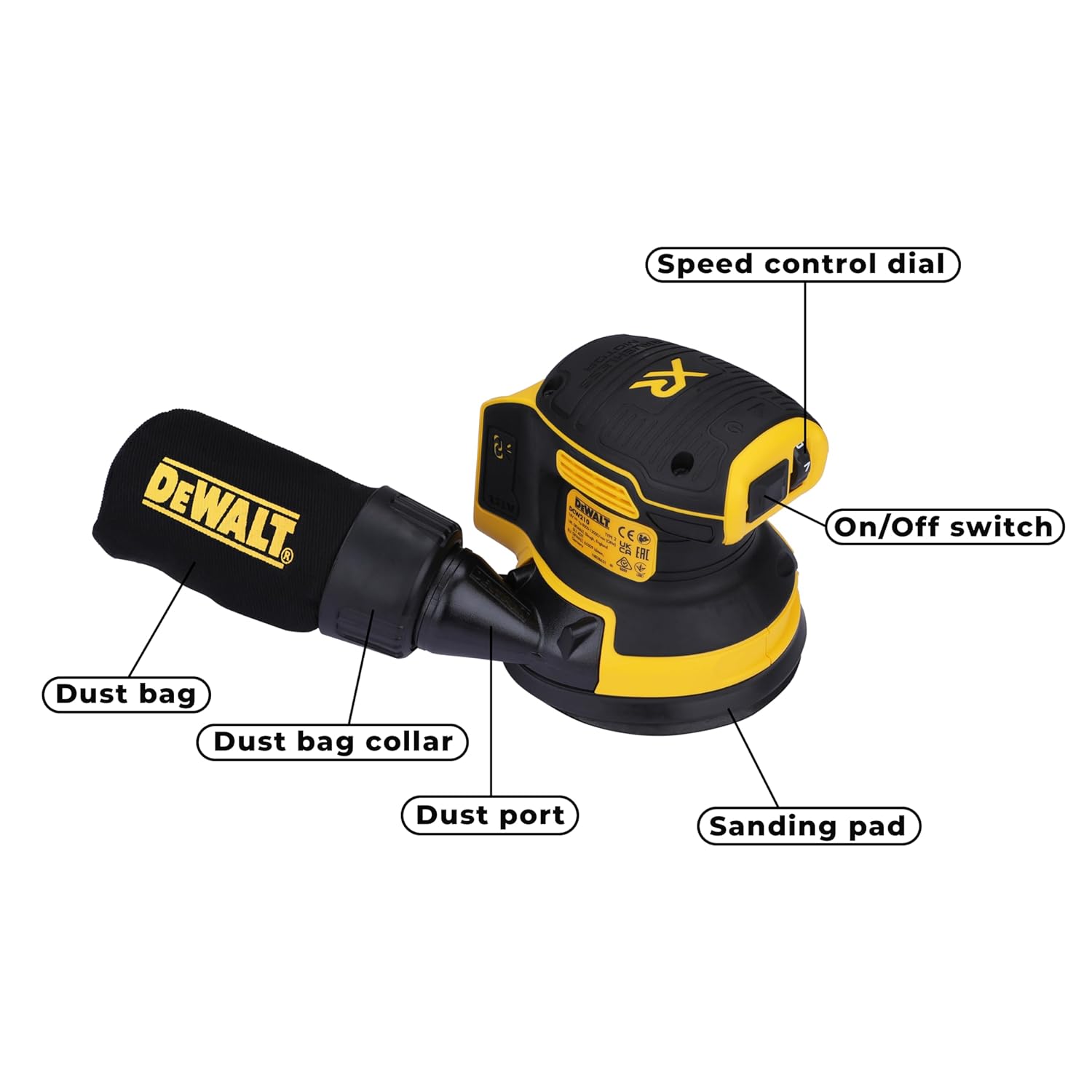 DEWALT DCW210N-XJ 18V Li-ion XR Cordless Brushless Sander, 125 mm for Carpentory, Auto refinishing applications- Bare Tool (Made in Mexico)