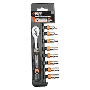 GROZ 9 pcs Hex Socket Set with Ratchet Handle| Ideal for loosening & tightening of fasteners| Durable| Non-Slip Grip| Conforms to ISO 3315| Drive Size: 1/4" | KIT/SKT/H/1-4/9LH/UG