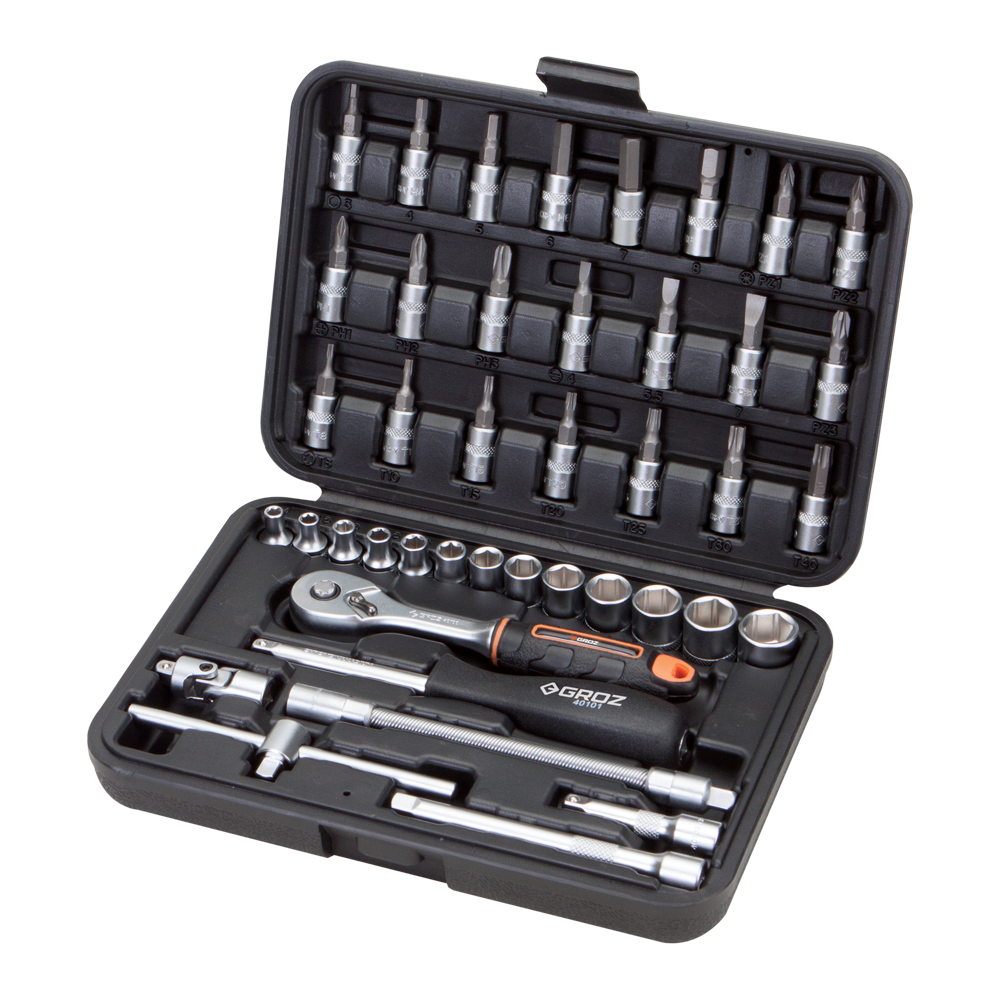 Groz 42 pc 1/4 inch Socket Tool Kit for Mechanics, Professionals, DIY Enthusiasts, etc. | Chrome Vanadium| 3X Durable Sockets | KIT/SKT/H/1-4/42/UG