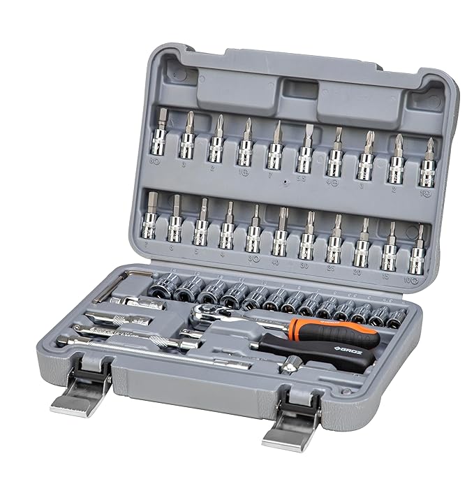 Groz KIT/HSK/1-4/46 1/4" Drive 46 Pcs Hand Socket Set with Chrome Vandium Finish | ISO CERTIFIED | Hex Socket Set for Garages, DIY, Workshops, Professional