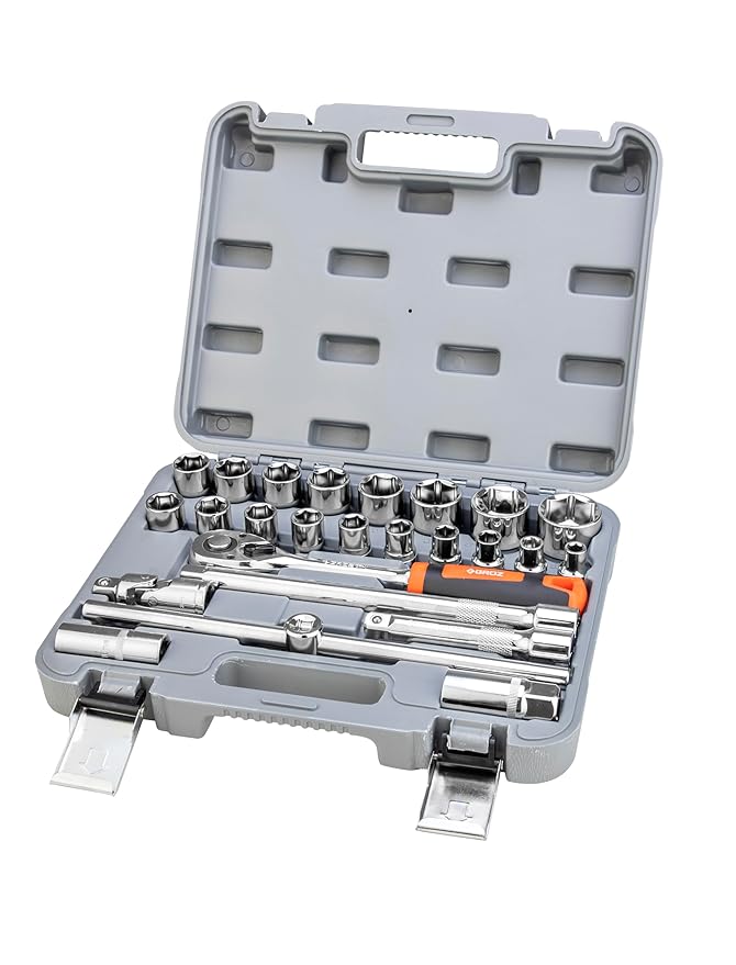 Groz KIT/HSK/1-2/25 1/2" Drive 25 Pcs Hand Socket Set with Chrome Vanadium Construction | IS0 CERTIFIED | Durable and Rustproof | Hex Socket Set for Garage