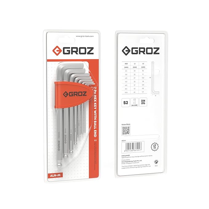 GROZ ALN/HX-BL/7L/GRZ, S2 Steel, 7 Piece Set Hex Keys, Long, Ball End For Mechanics And Technicians