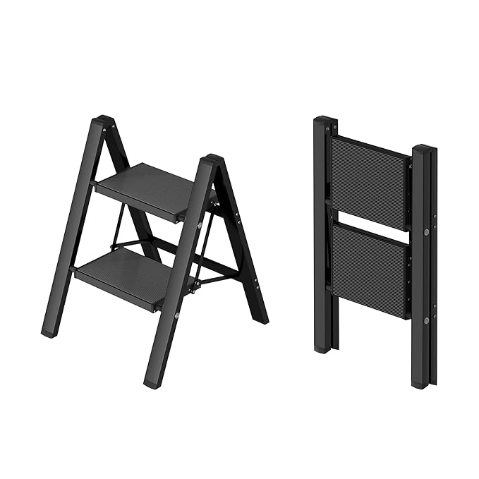 Taranta 2 Step Ladder,Aluminum Lightweight Folding 2 Step Stool with Anti-Slip Wide Pedal, 330lbs Capacity Step Ladder for Household,Kitchen,Office - Black