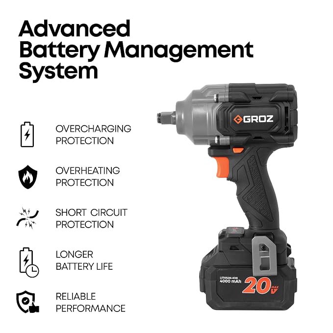 GROZ BIW/1-2/600/20-4/L1/EU Cordless Impact Wrench | 1/2" Drive | 600 Nm Max Torque | 20V 4000 mAh Li-Ion Battery | Brushless Motor | 0-2200 RPM Speed - photo 2