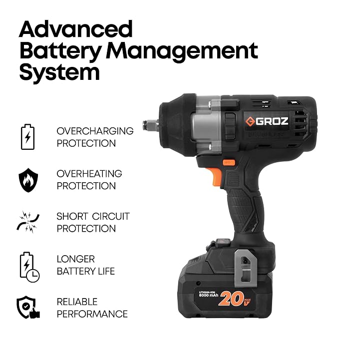 GROZ BIW/1-2/1000/20-8/L1/EU Cordless Impact Wrench | 1/2" Drive | 1000 Nm Max Torque | 20V 8000 mAh Li-Ion Battery - photo 2
