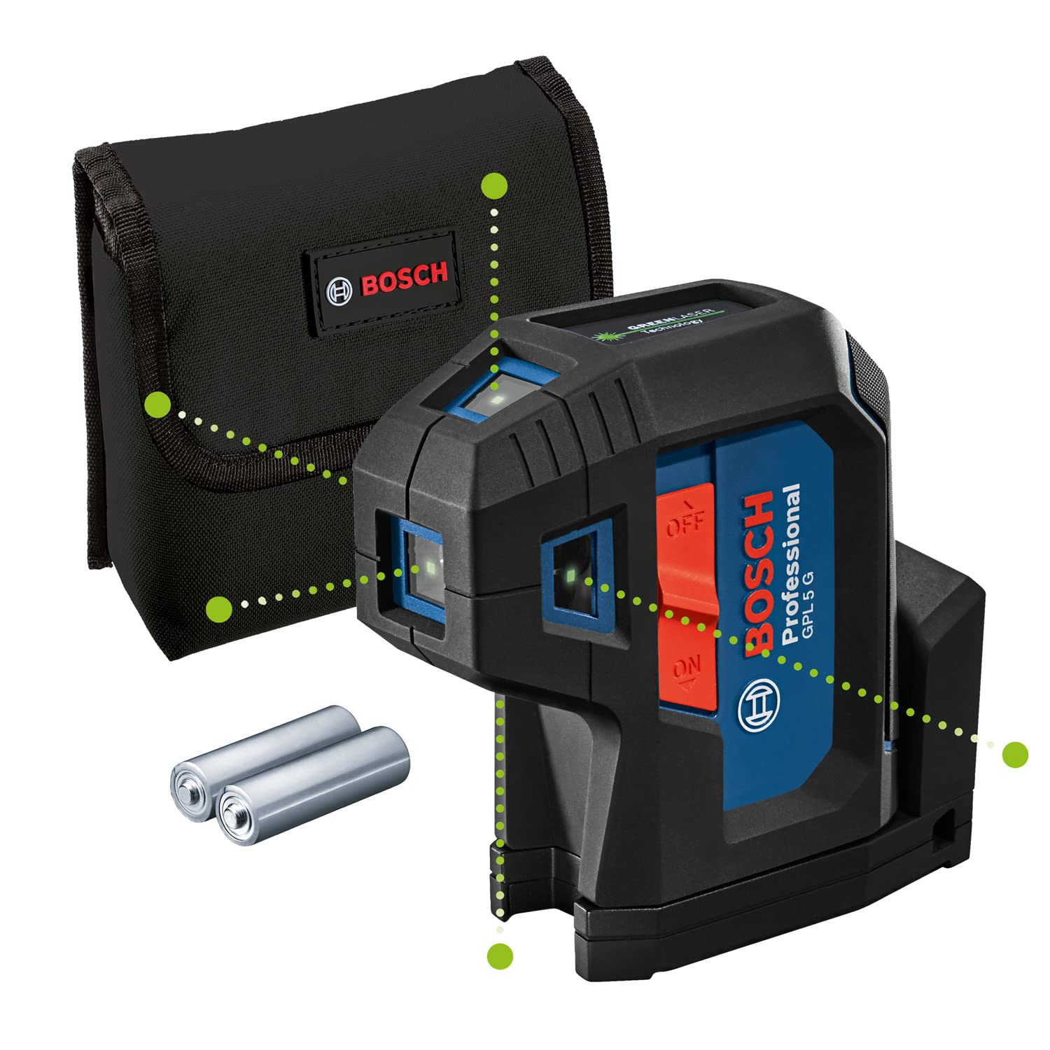BOSCH GPL 5 G Professional 5-Point Laser Level with Highly Visible Green Laser Points, IP65 Dust & Water Protection, Self-Leveling, 30m Range, Magnetic Rotation Mount, 1 Year Warranty