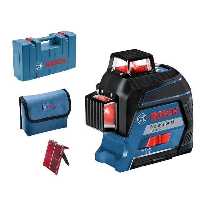 Bosch GLL 3-80 Professional Line Laser Level, 3 x 360° Red Laser Lines, 30m Range (120m with Receiver), Self-Levelling, ±0.3 mm/m Accuracy