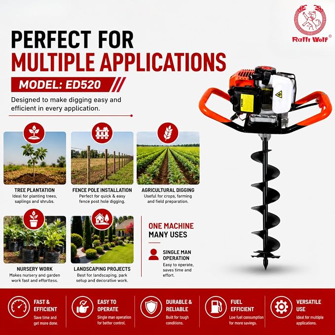 Ralli Wolf ED520 52cc Earth Auger Single Man 2-Stroke Petrol Engine, 1.45kW Post Hole Digger Machine for Agriculture - photo 2