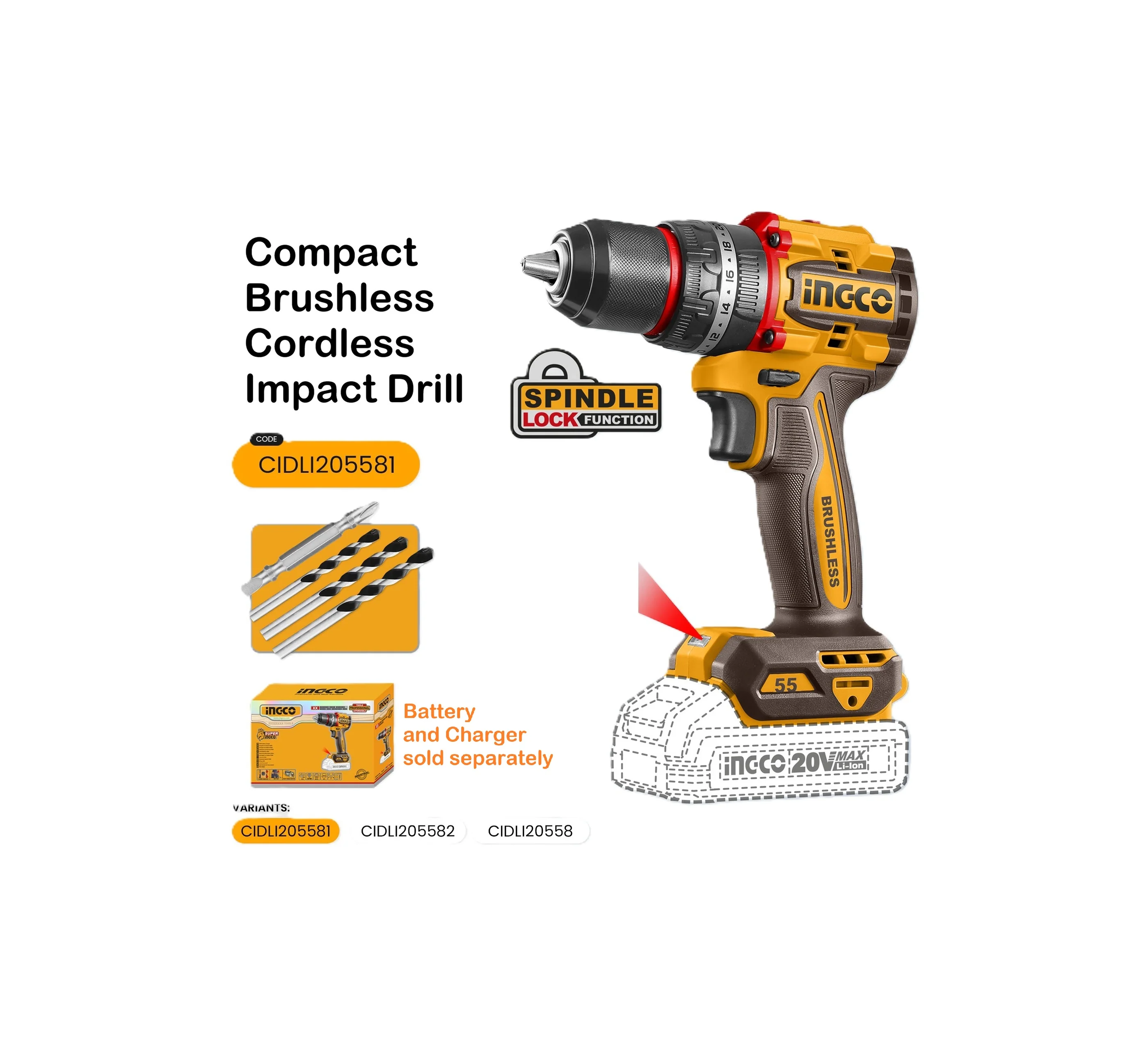 INGCO CIDLI205581 - Brushless Cordless Impact Drill, 20V, 55 Nm