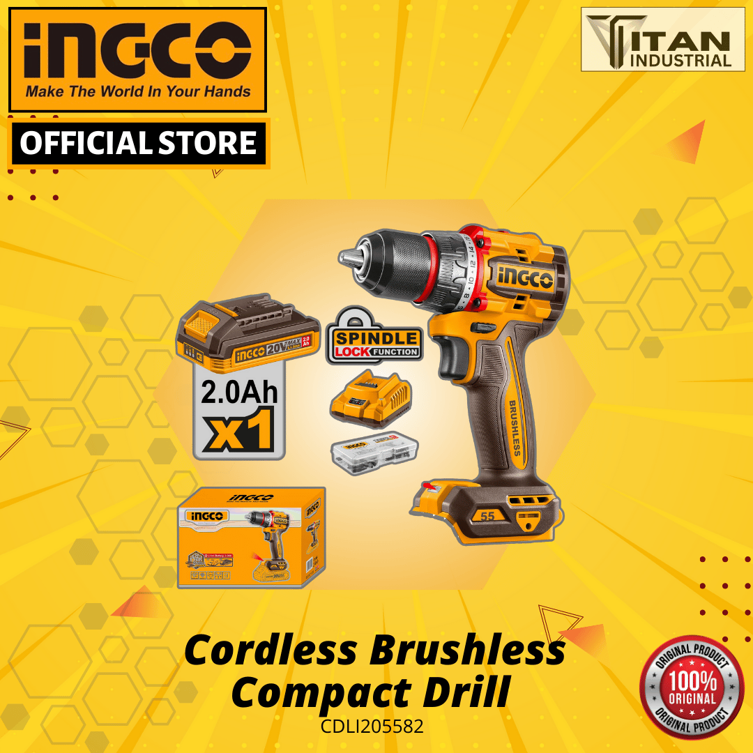 INGCO CDLI205582 - Compact Brushless Cordless Drill, 20V, 55Nm, 47 accessories