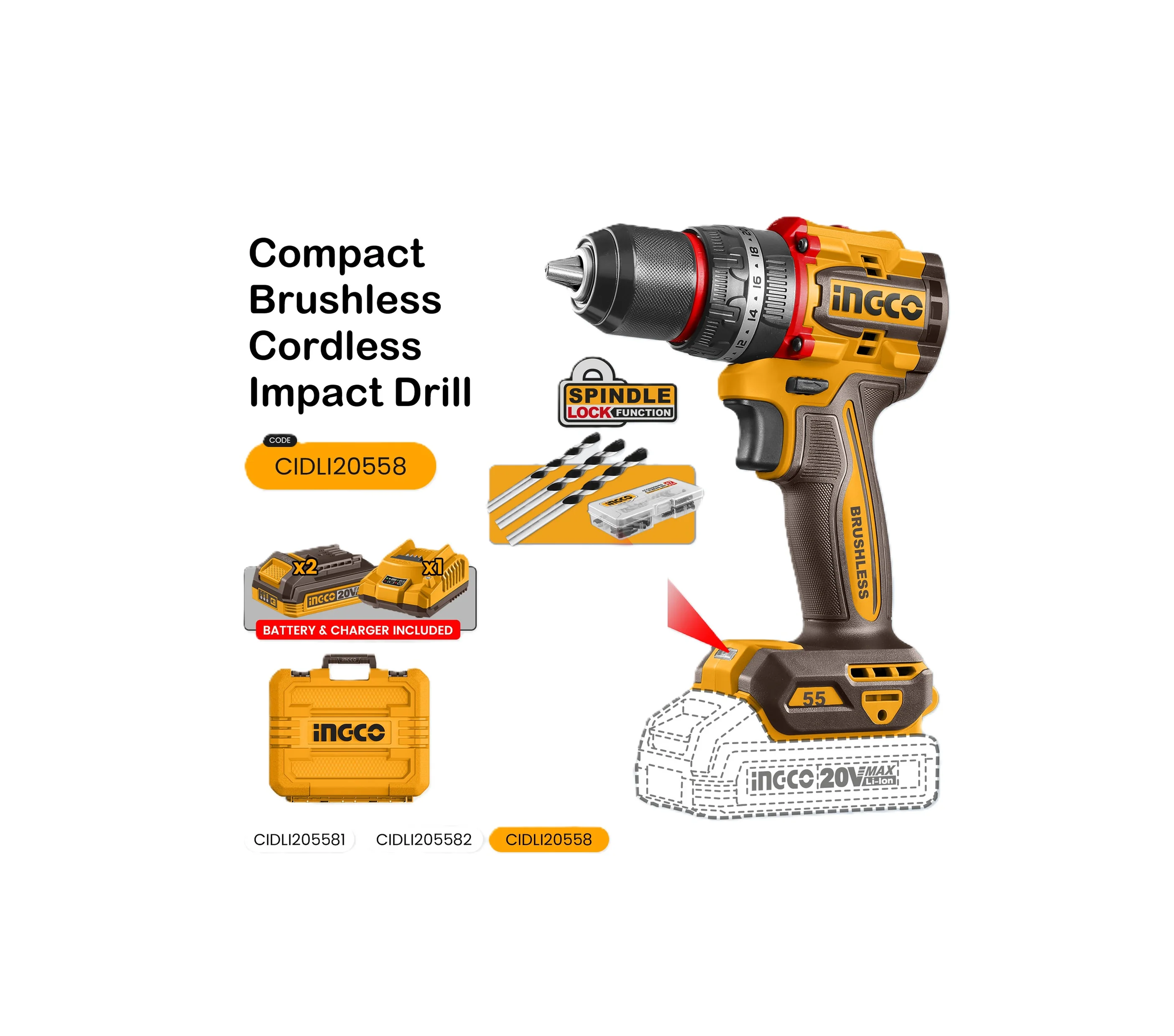 INGCO CIDLI20558 - Brushless Cordless Impact Drill, 20V, 55 Nm