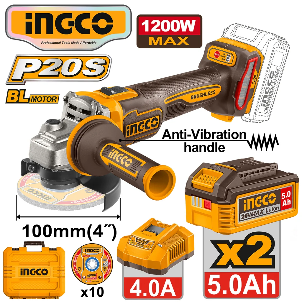 INGCO CAGLI2120232 - Brushless Cordless Angle Grinder, 20V, 1200W, 100mm