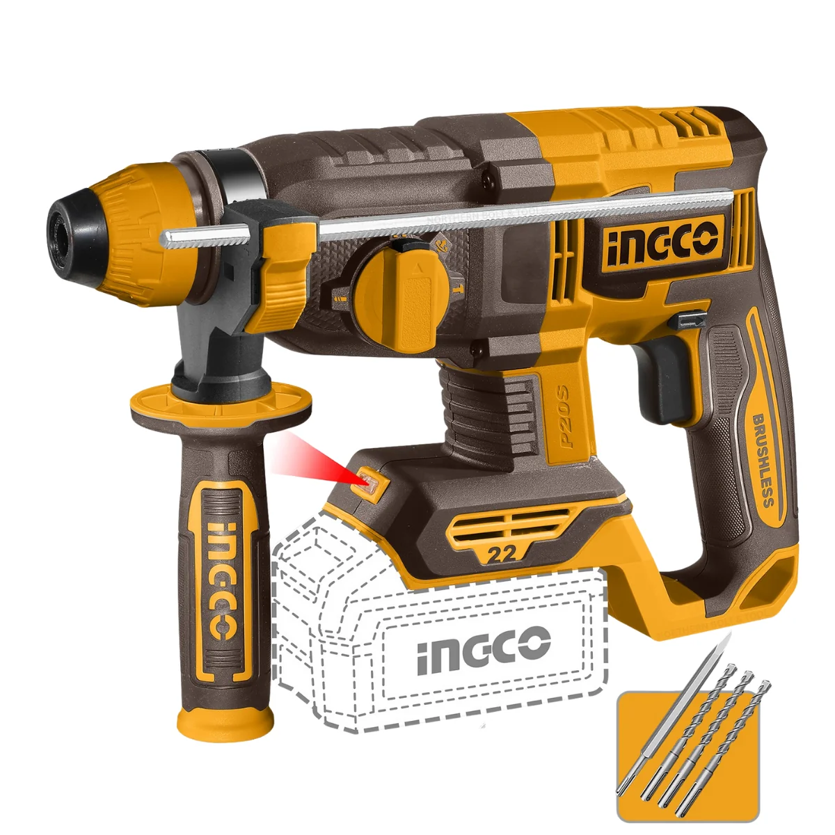 INGCO CRHLI212282 - Cordless Rotary Hammer, 20V, 22 mm, 2.0 J