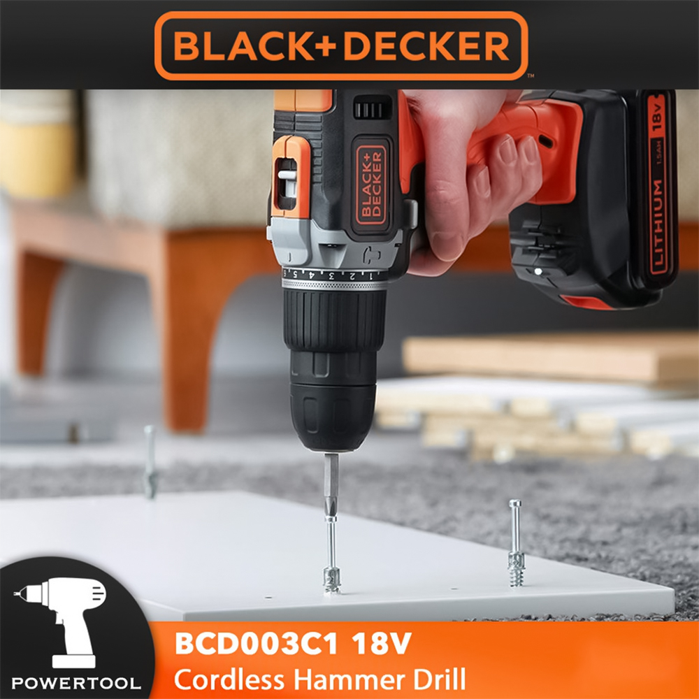 BLACK+DECKER BCD003C1 18V Cordless Hammer Drill with Battery & Charger