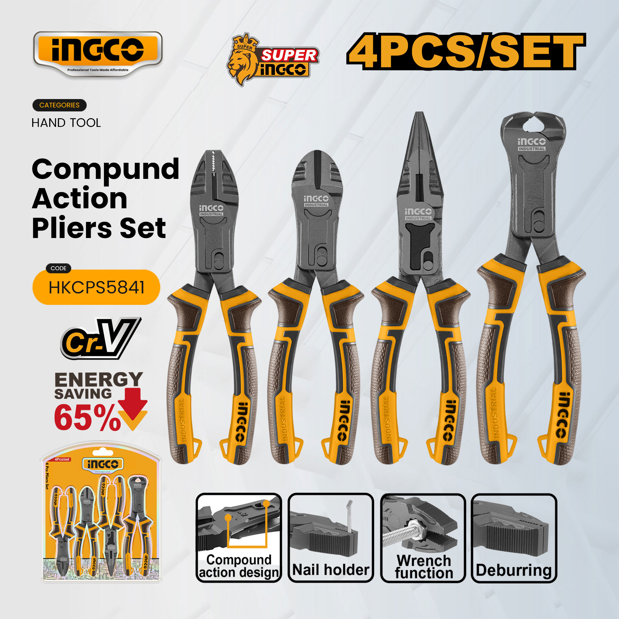 INGCO Compound Action Pliers Set 4 Pieces HKCPS5841