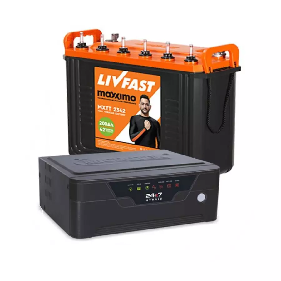 Livfast 200 AH Maxximo MXTT 2342+Microtek HB 1075 Tall Tubular Inverter Battery
