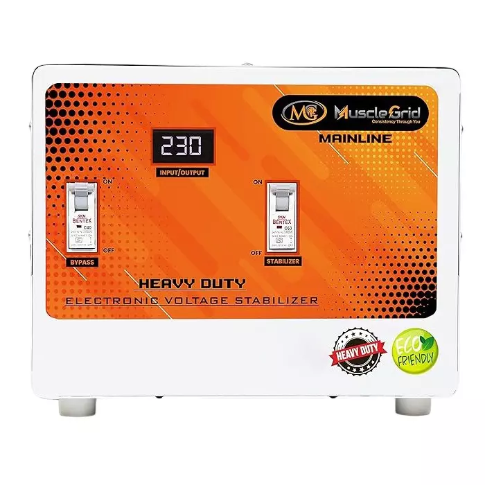 MuscleGrid 10KVA (100-500V) Double Phase/Single Phase Heavy Duty Mainline Voltage Stabilizer Copper Wired Orange