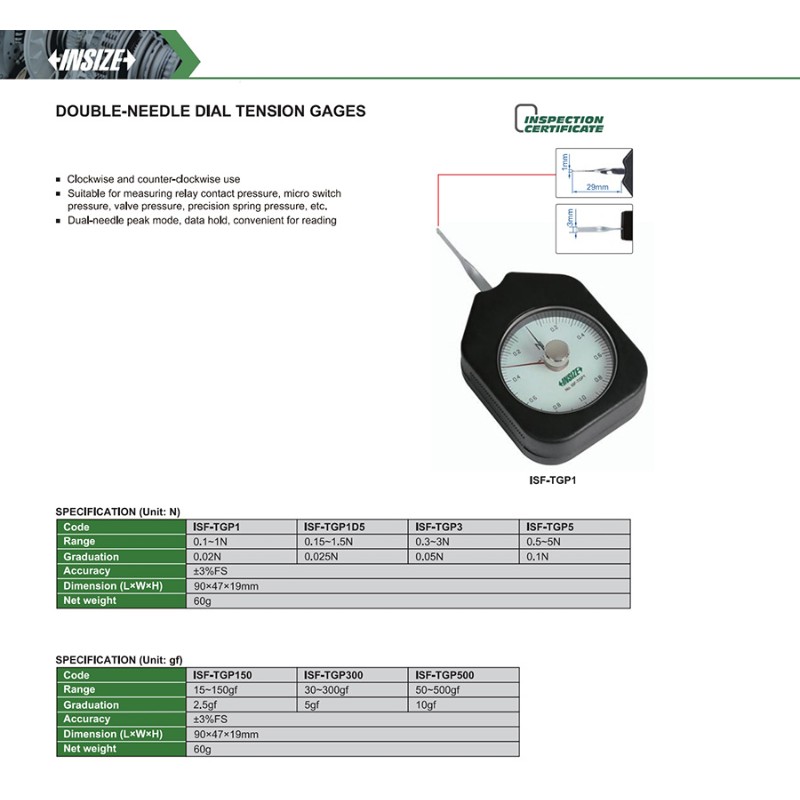 INSIZE ISF-TGP500 Double-Needle Dial Tension Gauge, 50-500gf - photo 3
