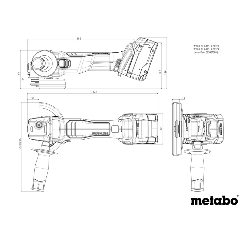 Metabo W 18 L BL 9-115 Cordless Angle Grinder - photo 2