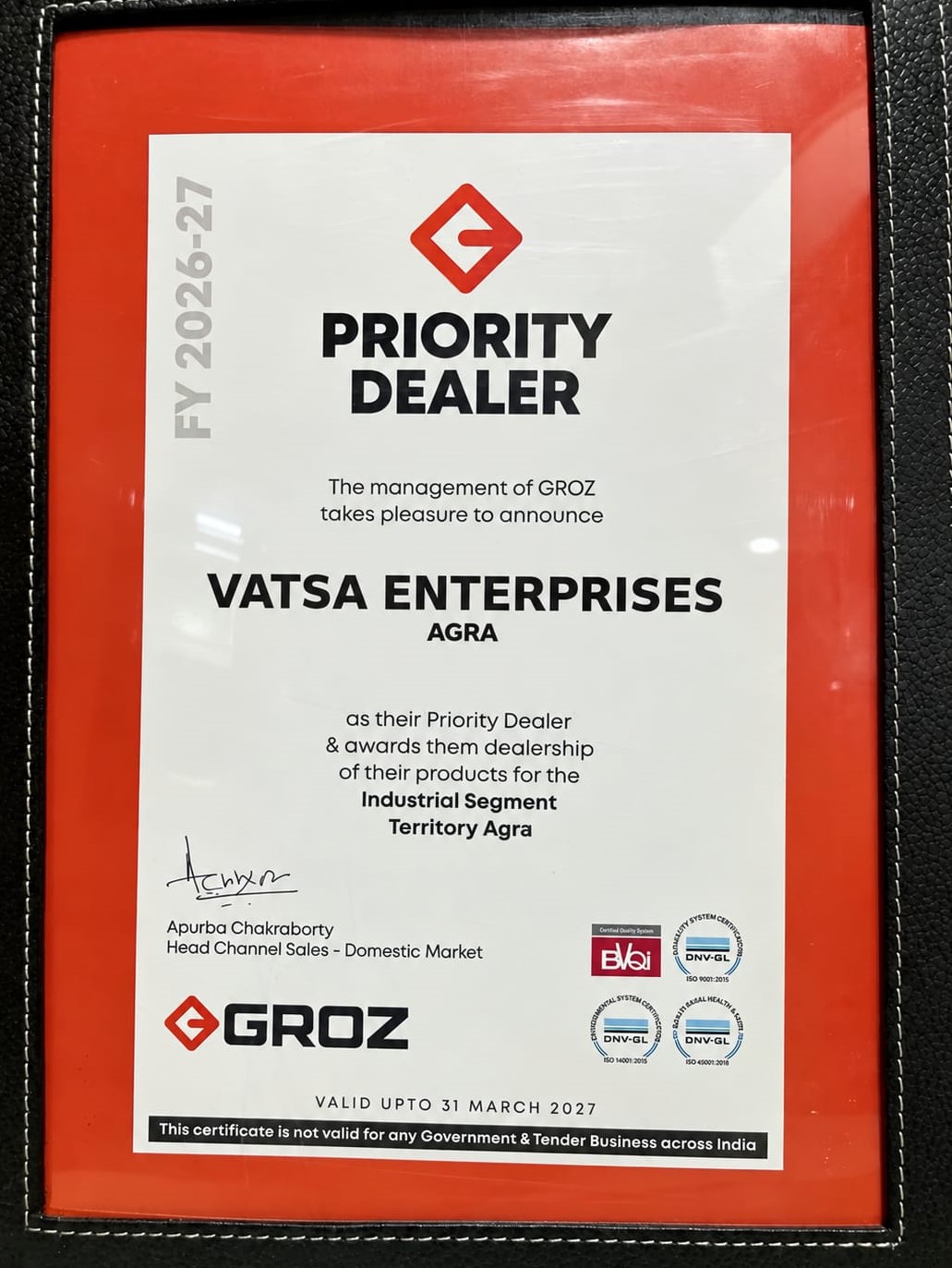 Priority Dealer certificate