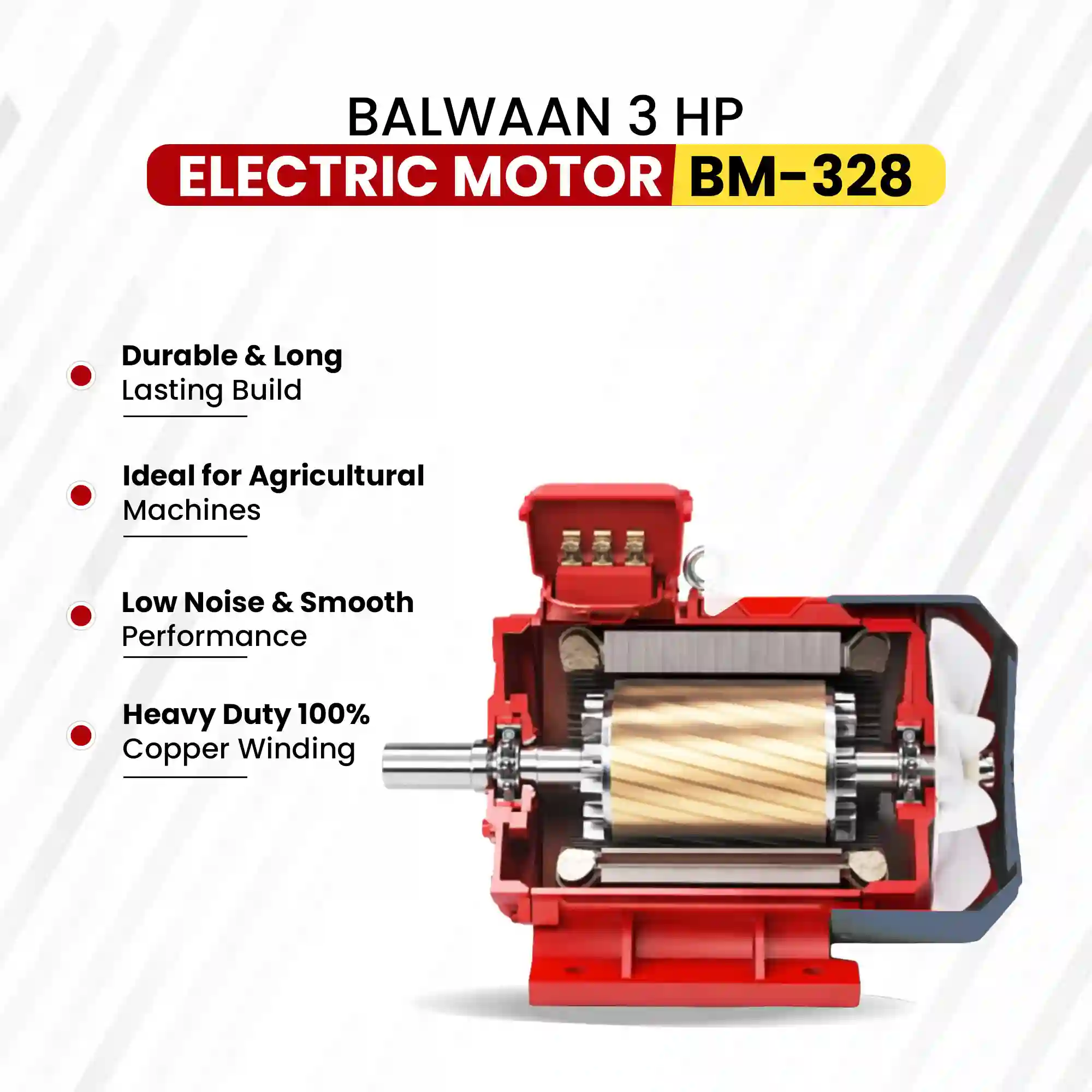 Balwaan 3 HP Electric Motor BM-328 - Heavy Duty 100% Copper Winding Motor for Agricultural & Motor-Operated Machines - photo 2