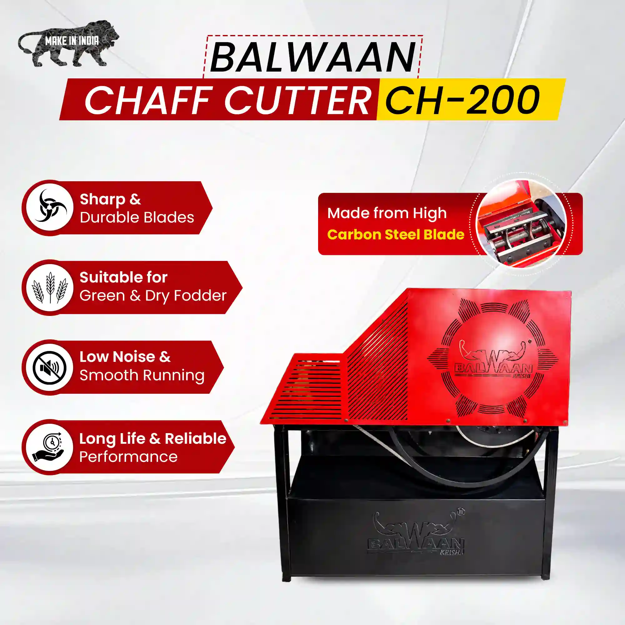 Balwaan CH-200 Chaff Cutter Machine With 2HP Motor - 500-600 kg/hr Electric Fodder Cutting Machine for Cattle - photo 2