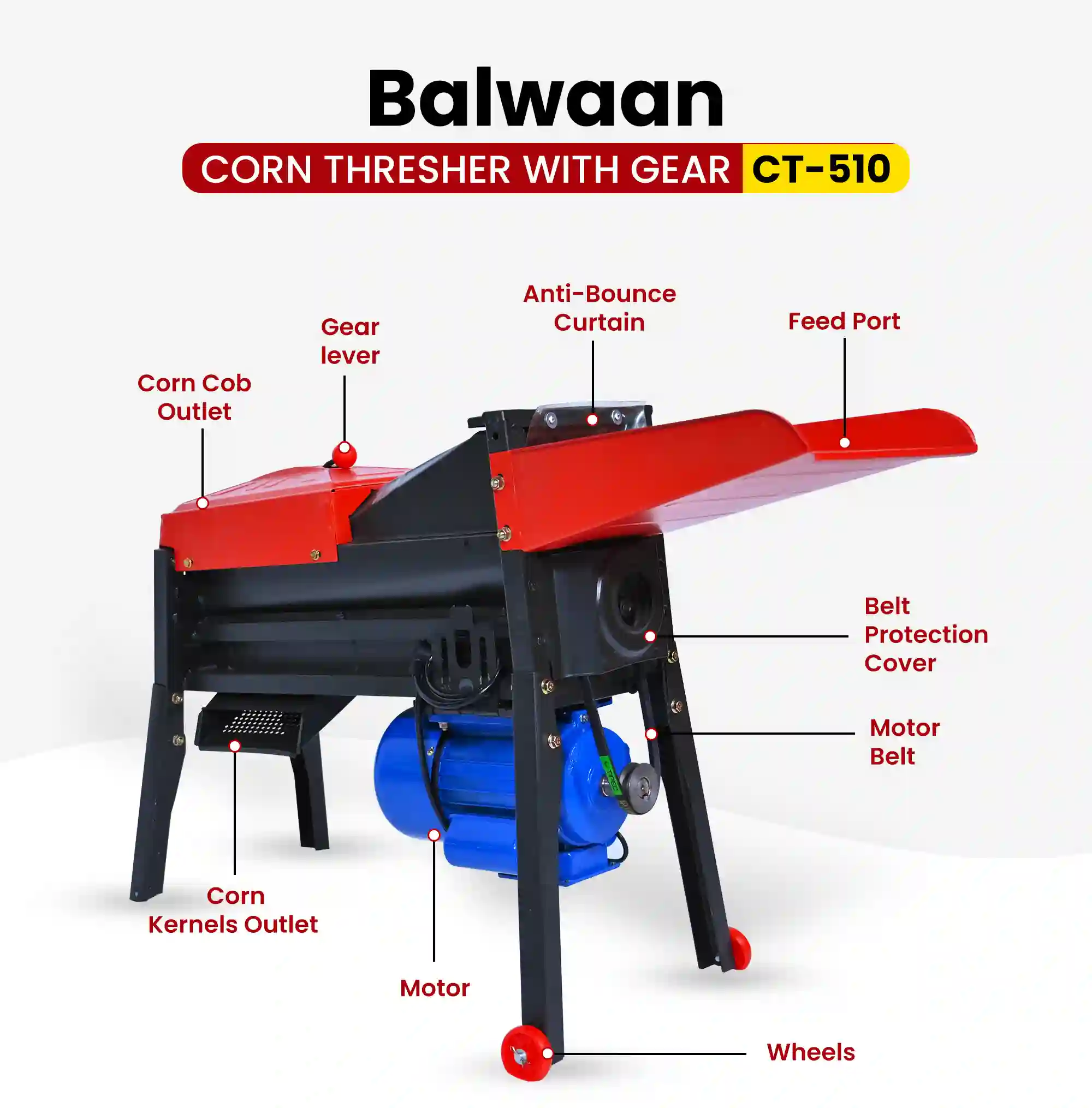 Balwaan CT-510 Corn Thresher with Gear - 1.3HP Electric Corn Sheller Machine - 2800 RPM - 1000 Kg/hr Output - photo 2