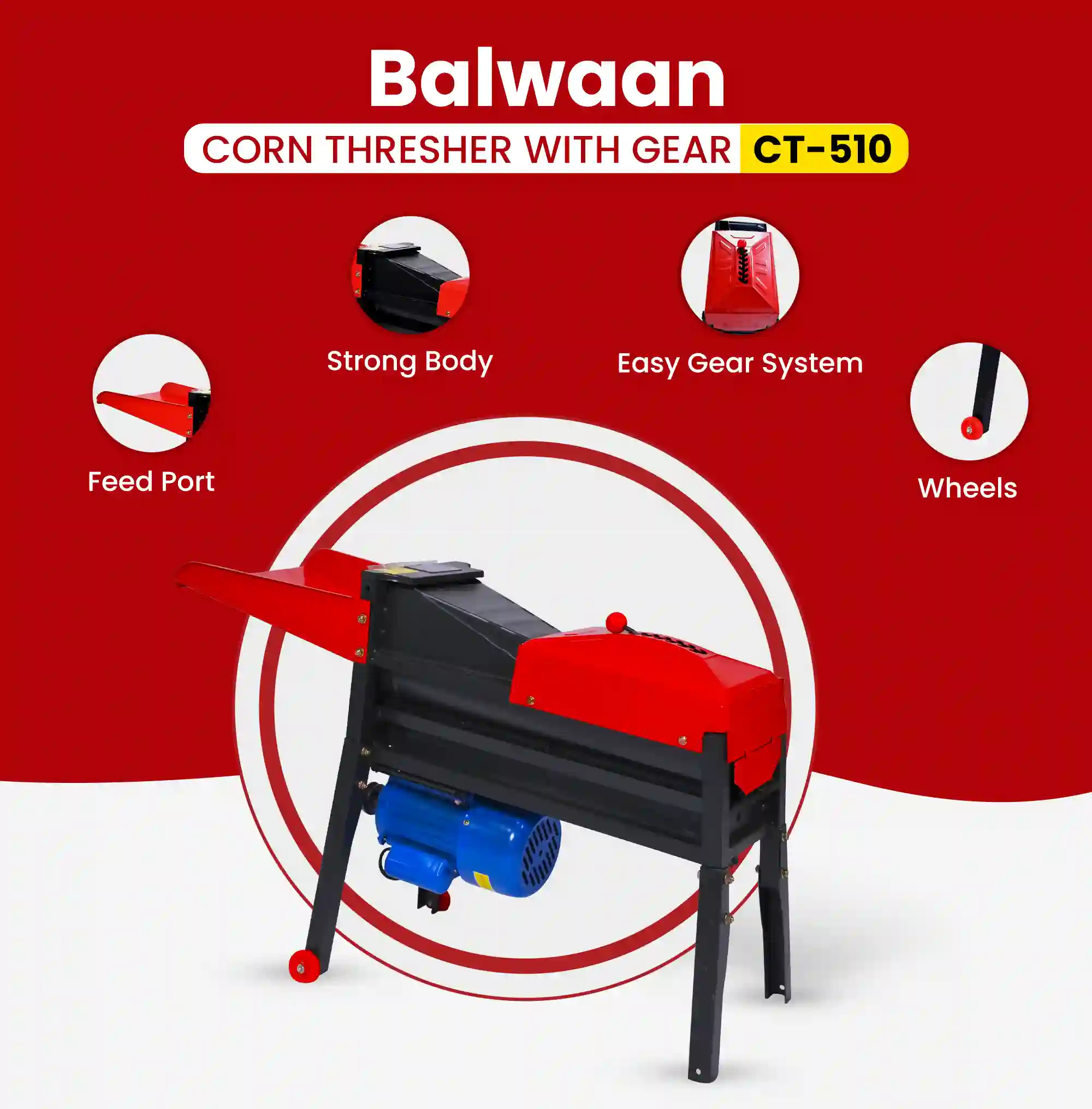 Balwaan CT-510 Corn Thresher with Gear - 1.3HP Electric Corn Sheller Machine - 2800 RPM - 1000 Kg/hr Output - photo 3