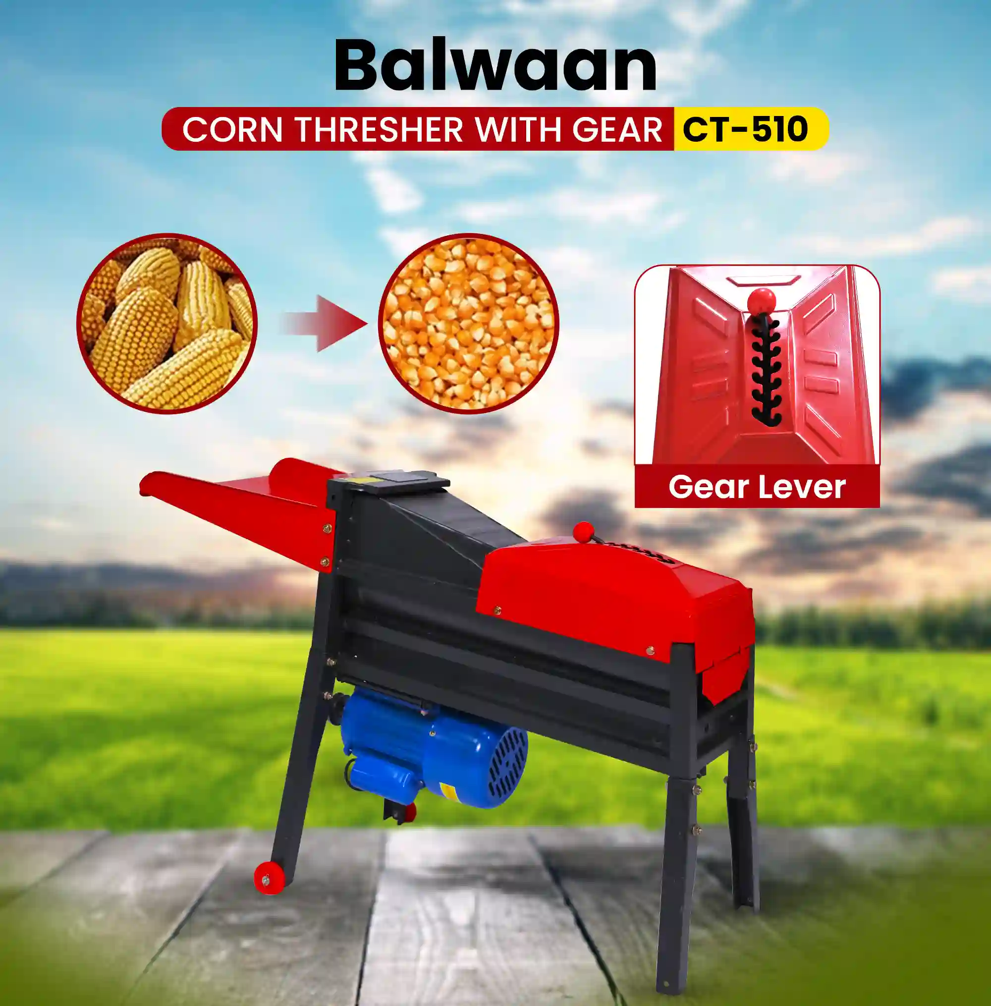 Balwaan CT-510 Corn Thresher with Gear - 1.3HP Electric Corn Sheller Machine - 2800 RPM - 1000 Kg/hr Output - photo 4