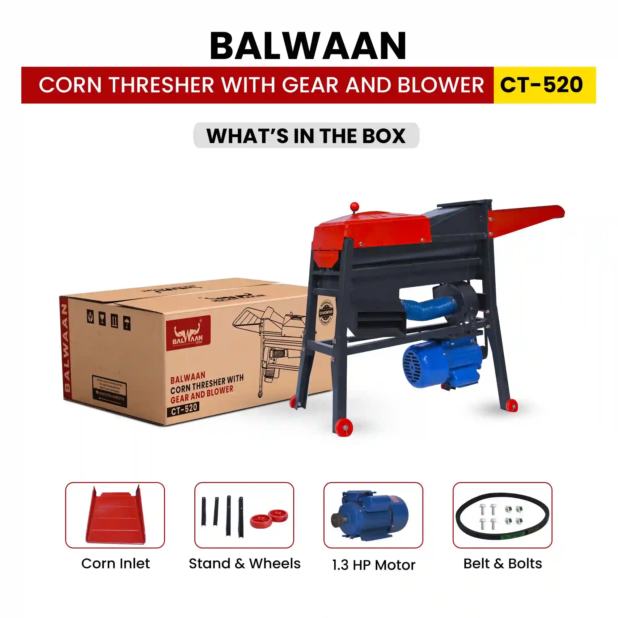 Balwaan CT-520 Corn Thresher Machine with Gear & Blower - 1.3 HP Electric Maize Sheller - 1000–1500 Kg/hr Corn Kernel Remover - photo 2