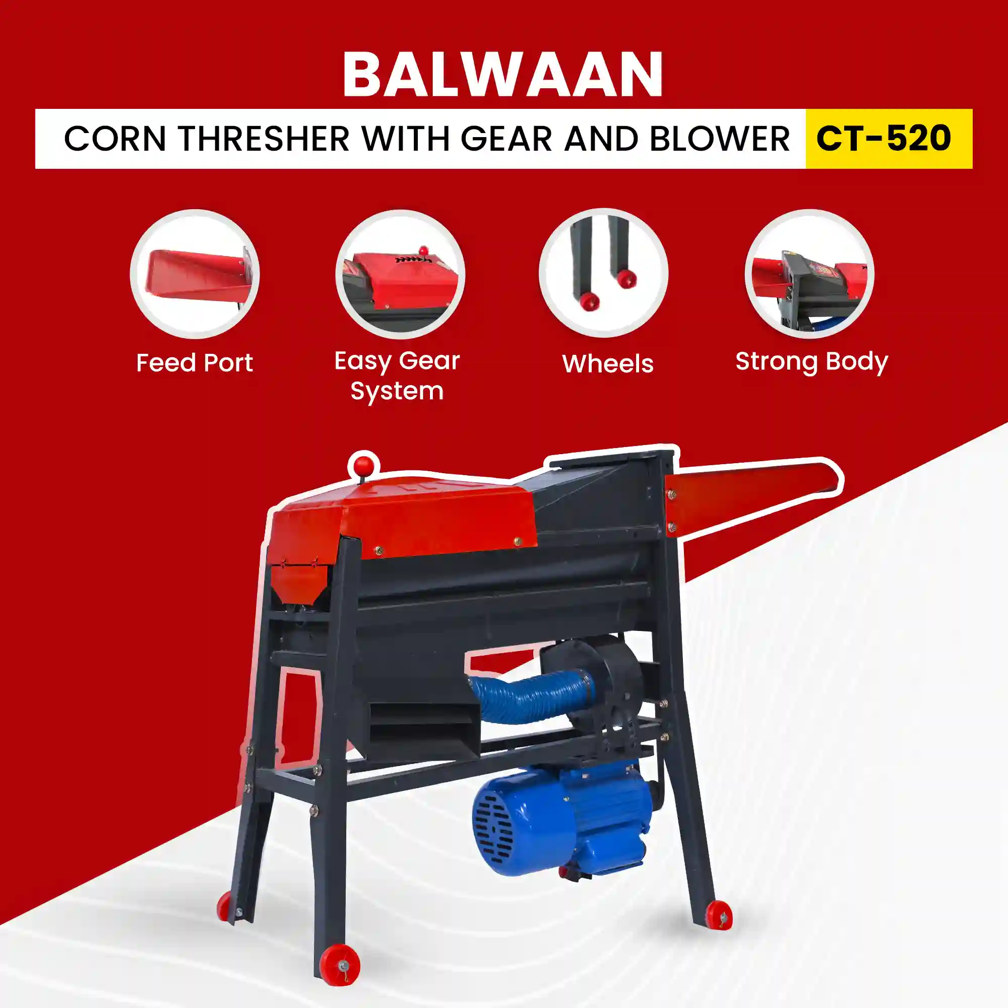 Balwaan CT-520 Corn Thresher Machine with Gear & Blower - 1.3 HP Electric Maize Sheller - 1000–1500 Kg/hr Corn Kernel Remover - photo 5