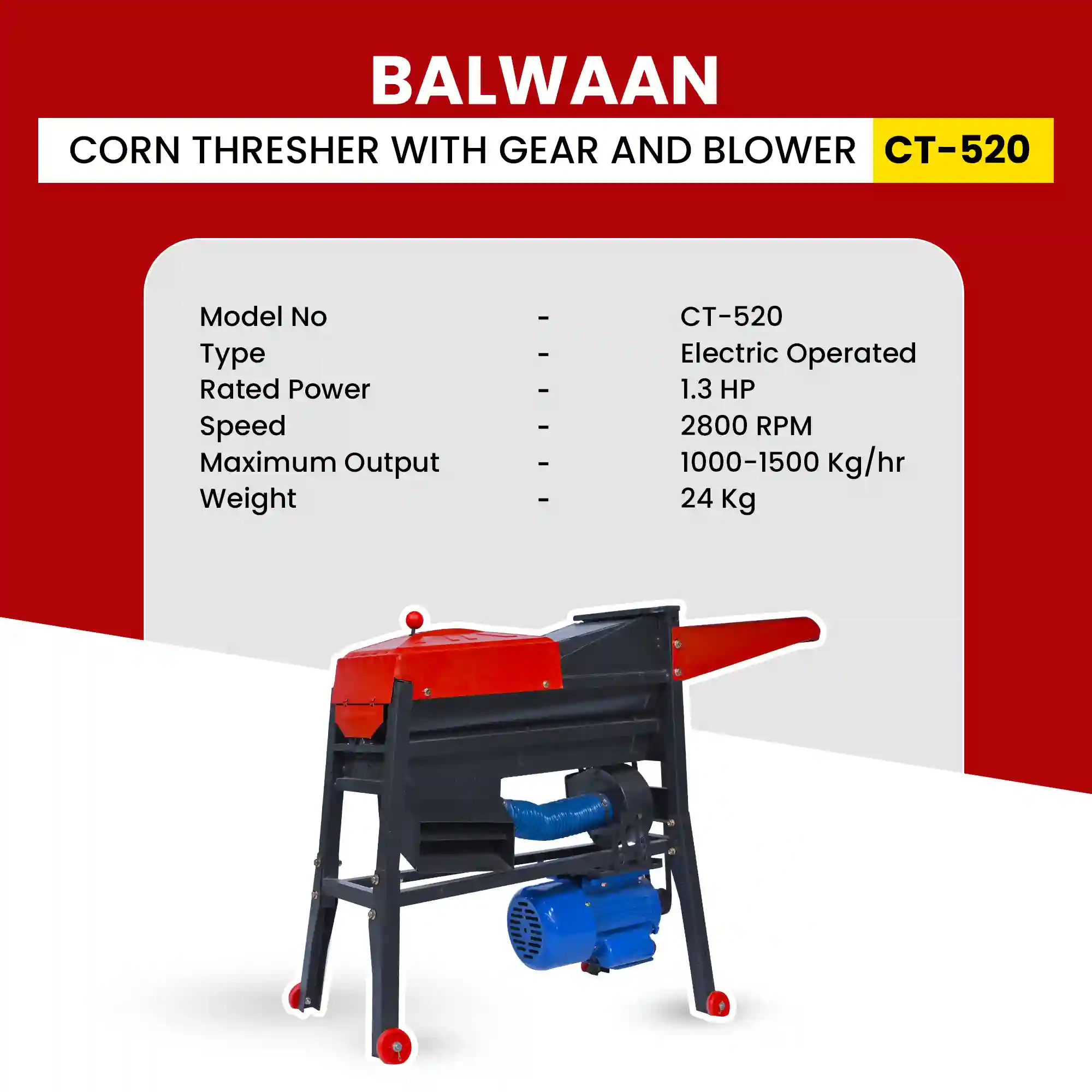 Balwaan CT-520 Corn Thresher Machine with Gear & Blower - 1.3 HP Electric Maize Sheller - 1000–1500 Kg/hr Corn Kernel Remover - photo 6