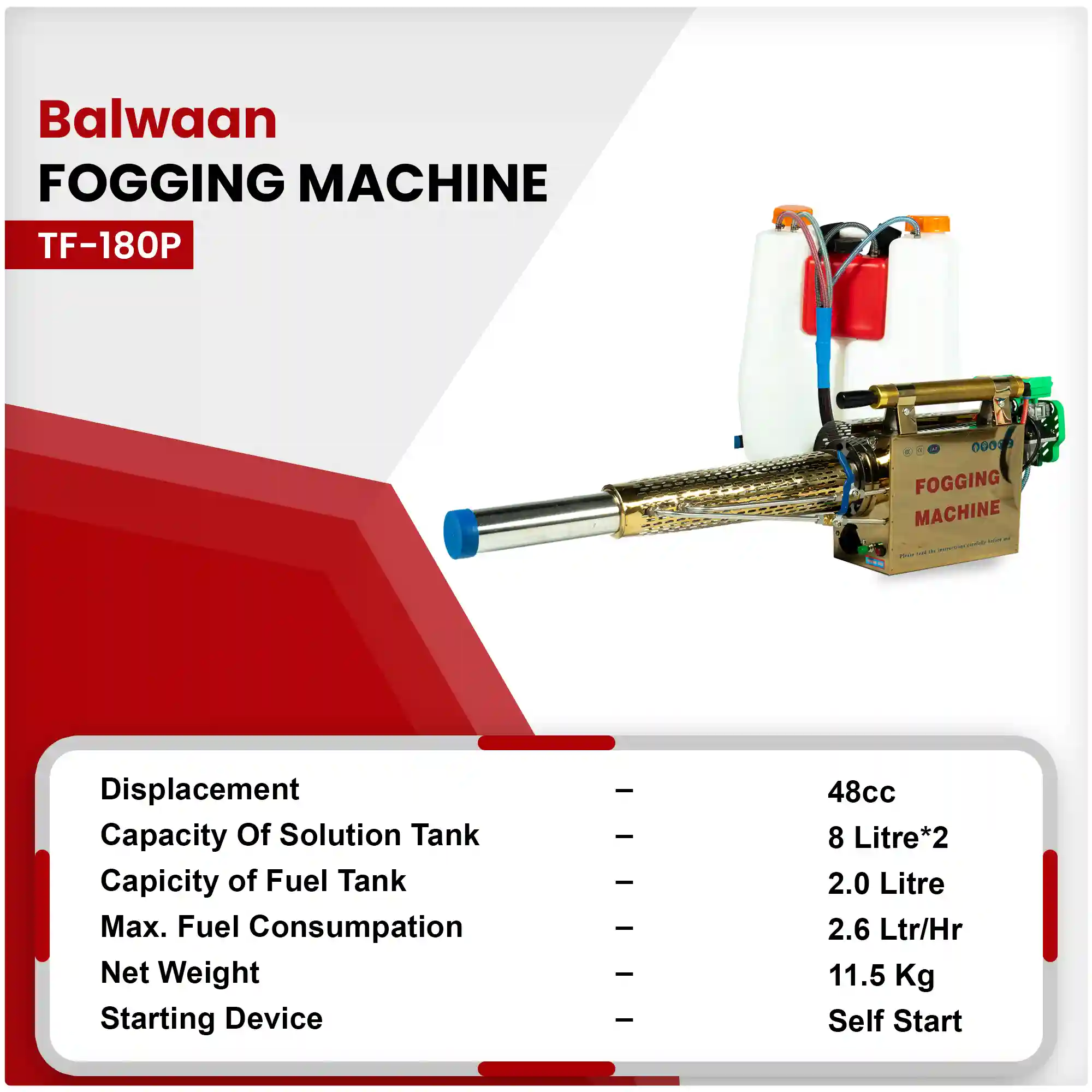 Balwaan Fogging Machine TF-180P - 16L Dual Tank - Self Start Portable Fogger - Spray Machine for Agriculture, Pest Control & Sanitization - photo 3