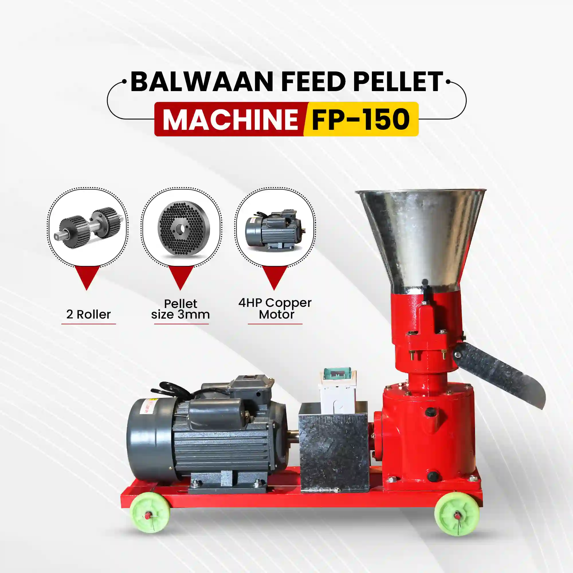 Balwaan FP-150 Feed Pellet Machine - 4 HP Copper Motor, 2800 RPM Cattle & Poultry Feed Maker with 3mm Pellet Die - Best for Livestock Farming - photo 3