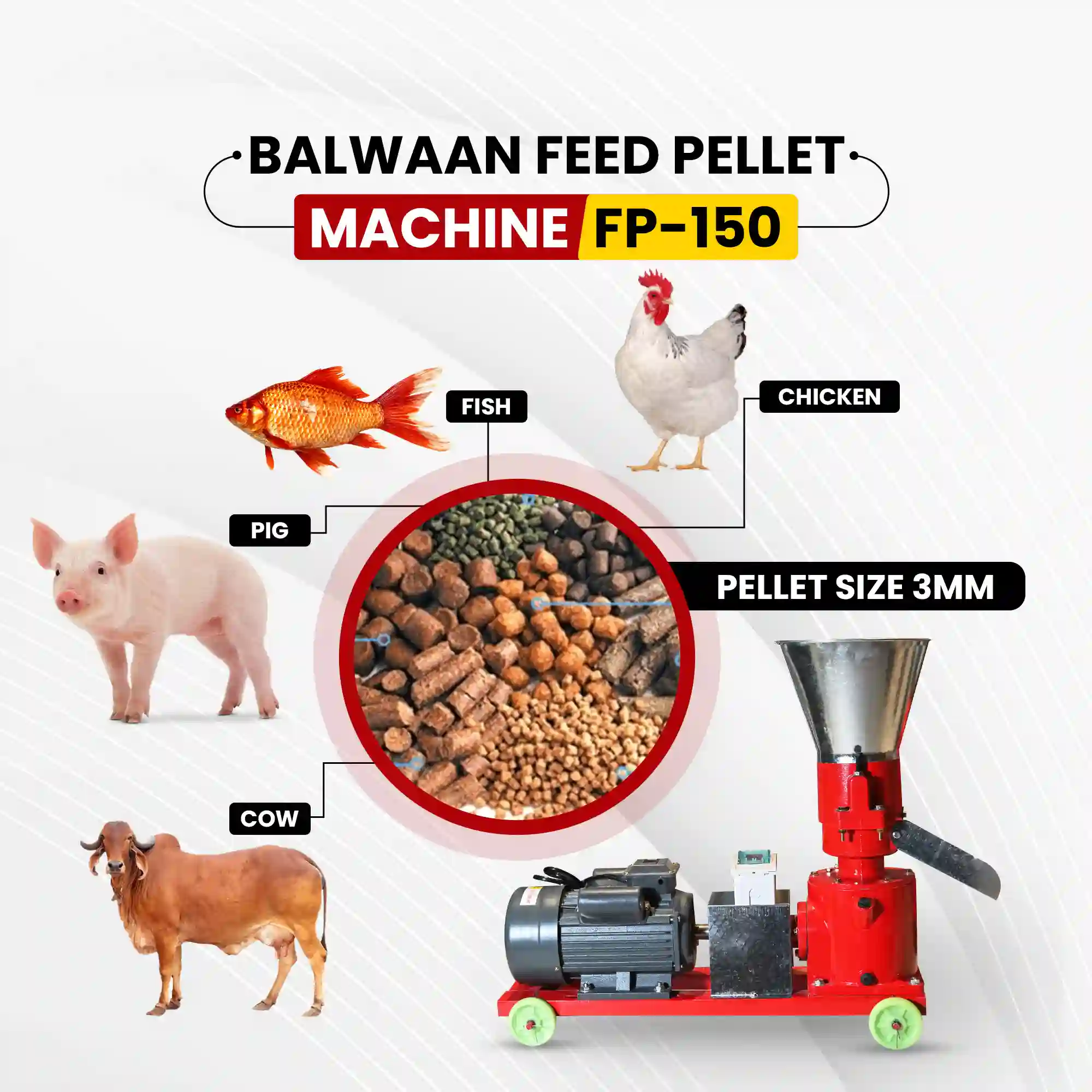 Balwaan FP-150 Feed Pellet Machine - 4 HP Copper Motor, 2800 RPM Cattle & Poultry Feed Maker with 3mm Pellet Die - Best for Livestock Farming - photo 4