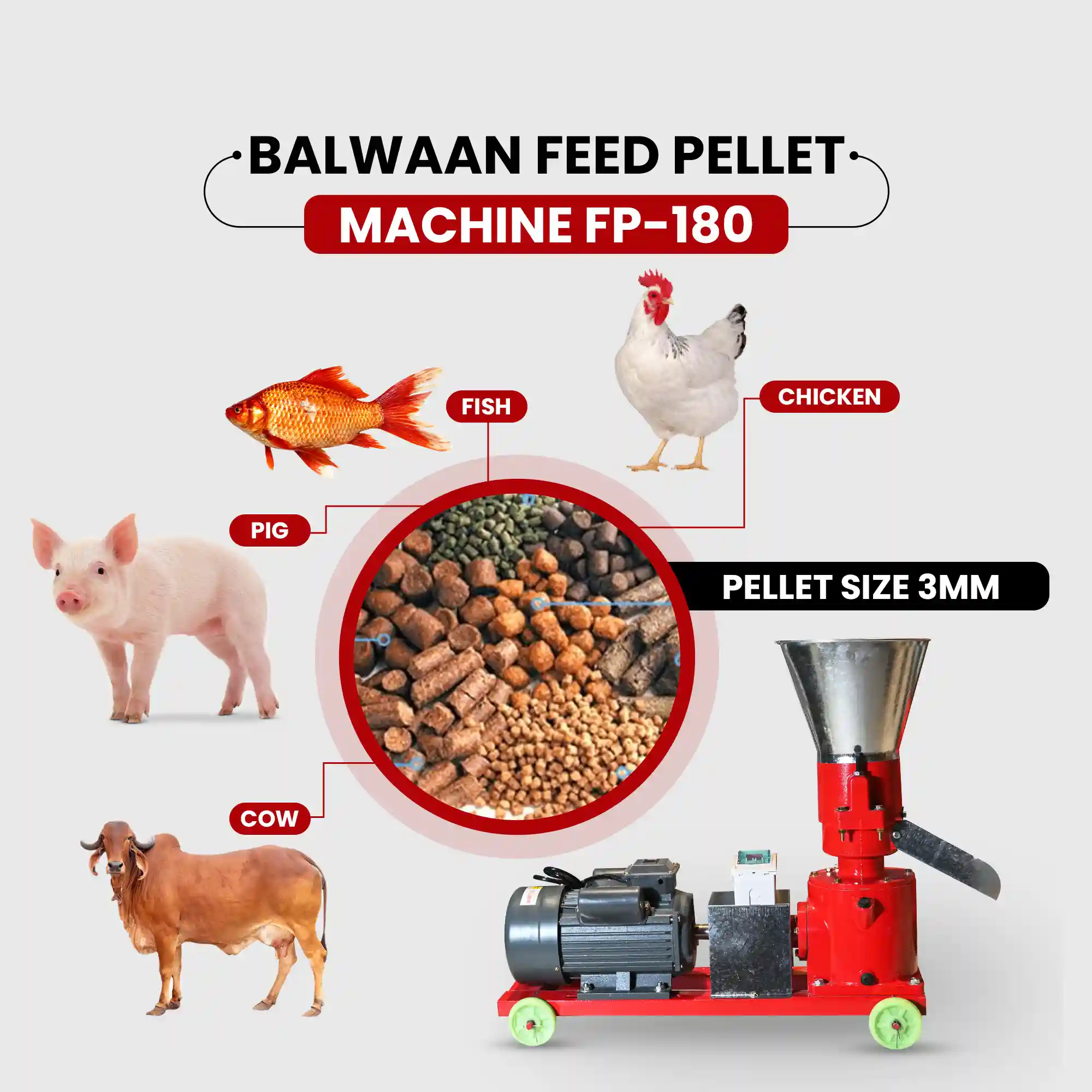 Balwaan FP-180 Feed Pellet Machine - 5HP Copper Motor - Animal Feed Pellets - Poultry, Fish, Pig & Cattle Feed Pellet Machine - photo 5