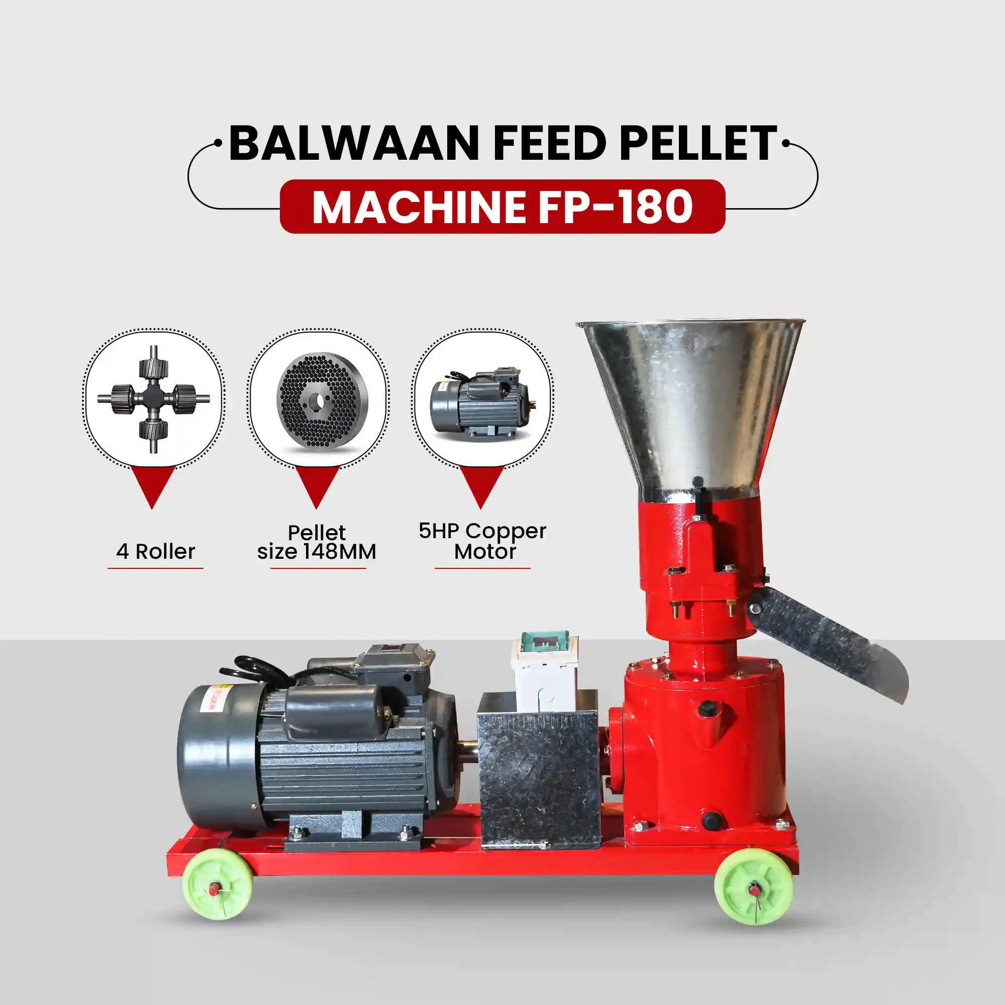 Balwaan FP-180 Feed Pellet Machine - 5HP Copper Motor - Animal Feed Pellets - Poultry, Fish, Pig & Cattle Feed Pellet Machine - photo 4