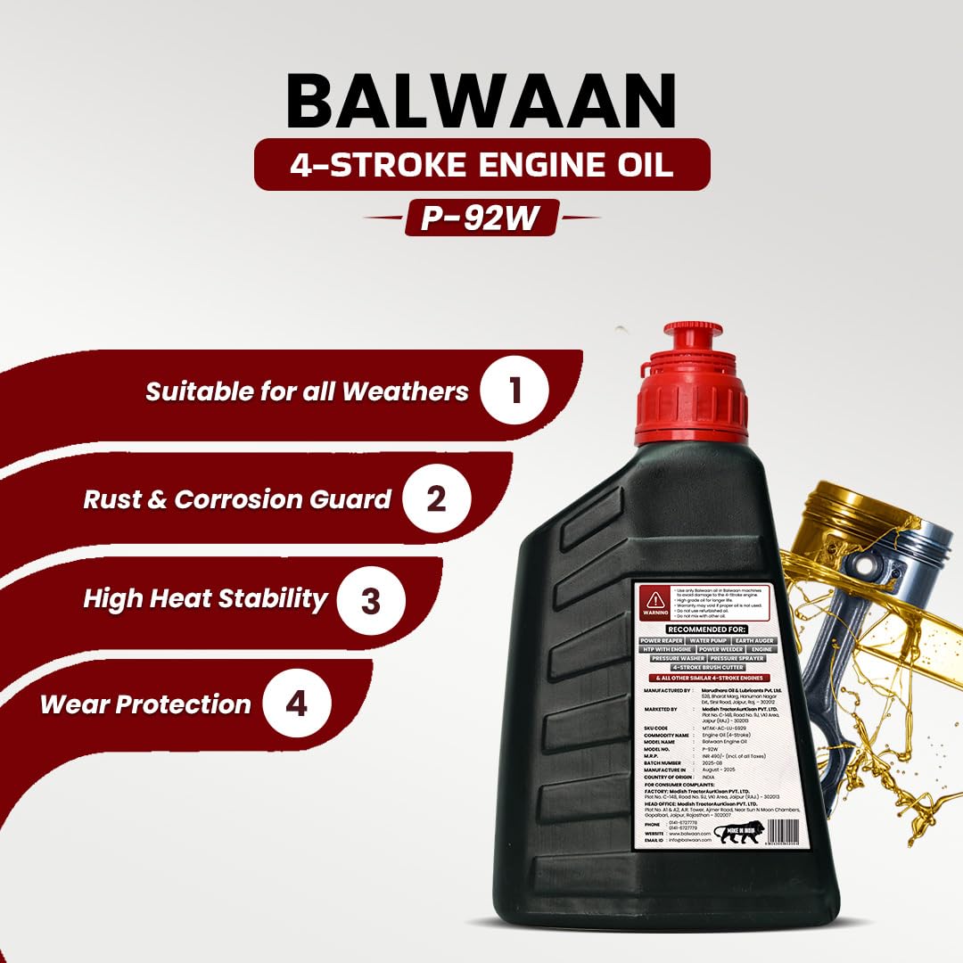 Balwaan Krishi Premium 4-Stroke Engine Oil (P-92W) - 650ml - High Heat Stability - Rust Guard - photo 3