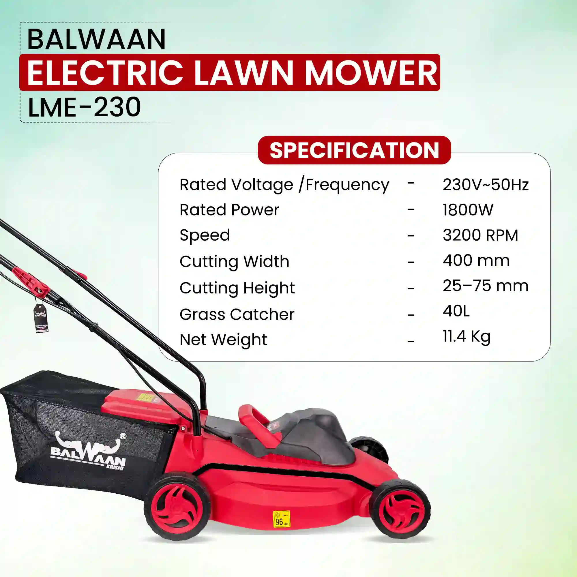 Balwaan LME-230 Electric Lawn Mower 1800W - 400mm Cutting Width - 40L Grass Collector - 3200 RPM High-Speed Blade for Garden & Residential Use - photo 7