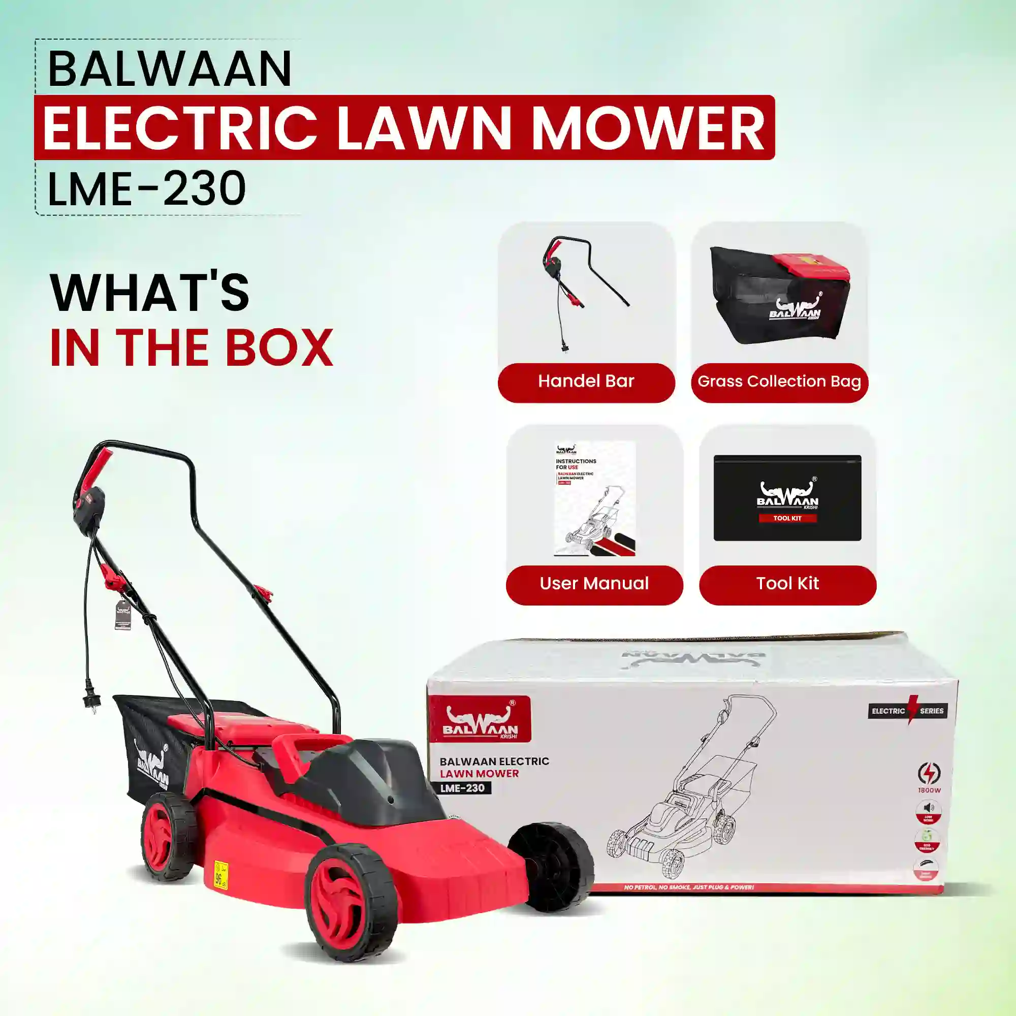 Balwaan LME-230 Electric Lawn Mower 1800W - 400mm Cutting Width - 40L Grass Collector - 3200 RPM High-Speed Blade for Garden & Residential Use - photo 6