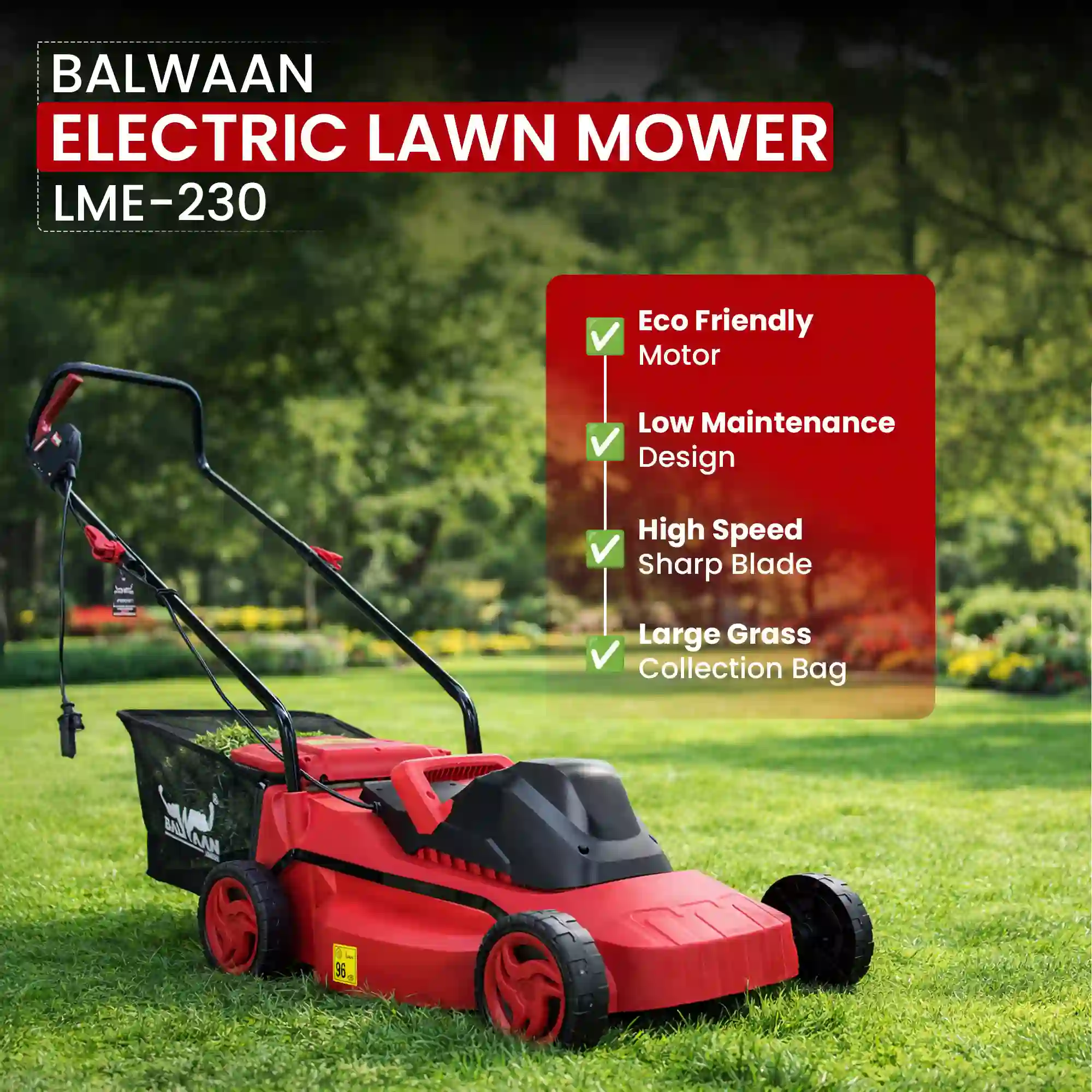 Balwaan LME-230 Electric Lawn Mower 1800W - 400mm Cutting Width - 40L Grass Collector - 3200 RPM High-Speed Blade for Garden & Residential Use - photo 2