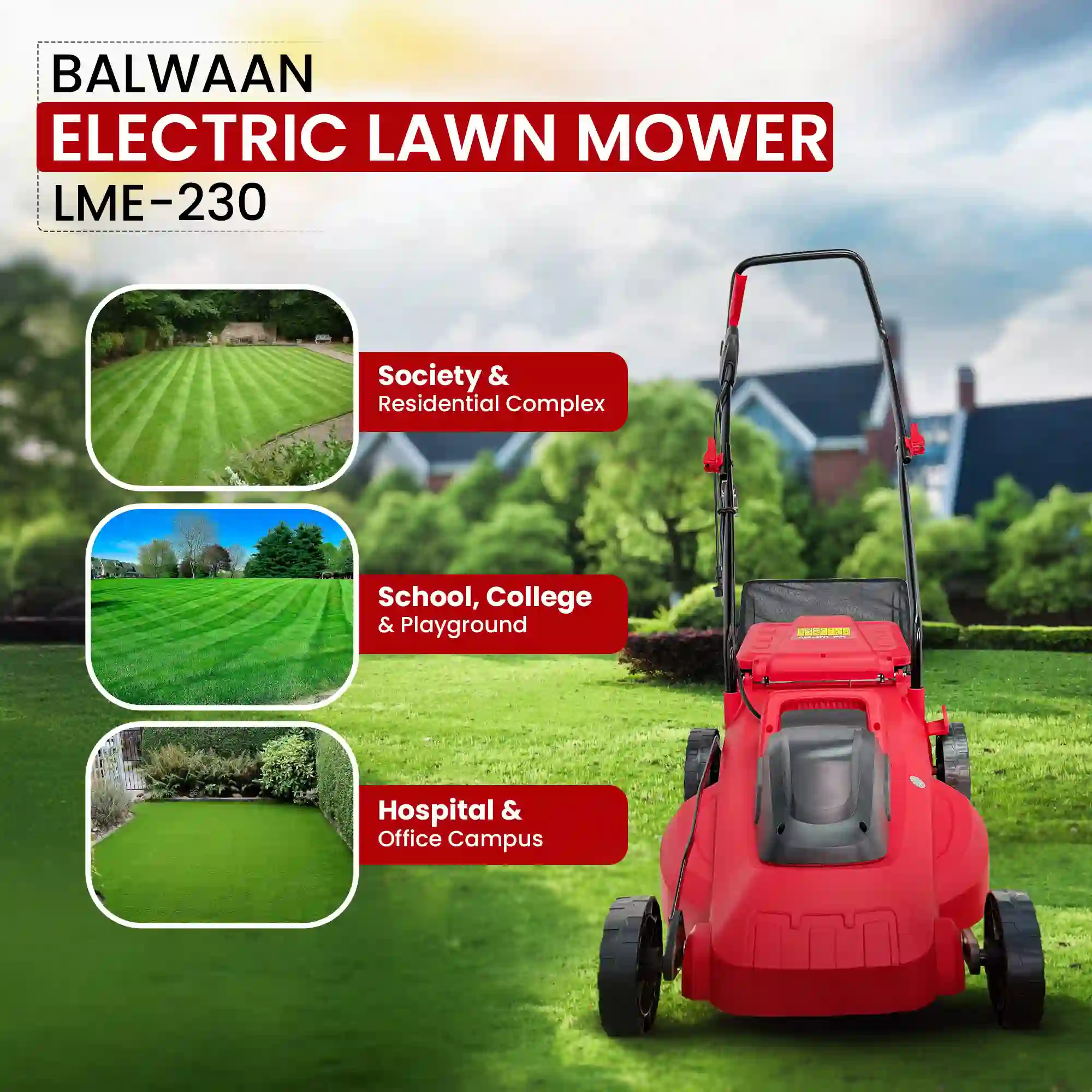 Balwaan LME-230 Electric Lawn Mower 1800W - 400mm Cutting Width - 40L Grass Collector - 3200 RPM High-Speed Blade for Garden & Residential Use - photo 3