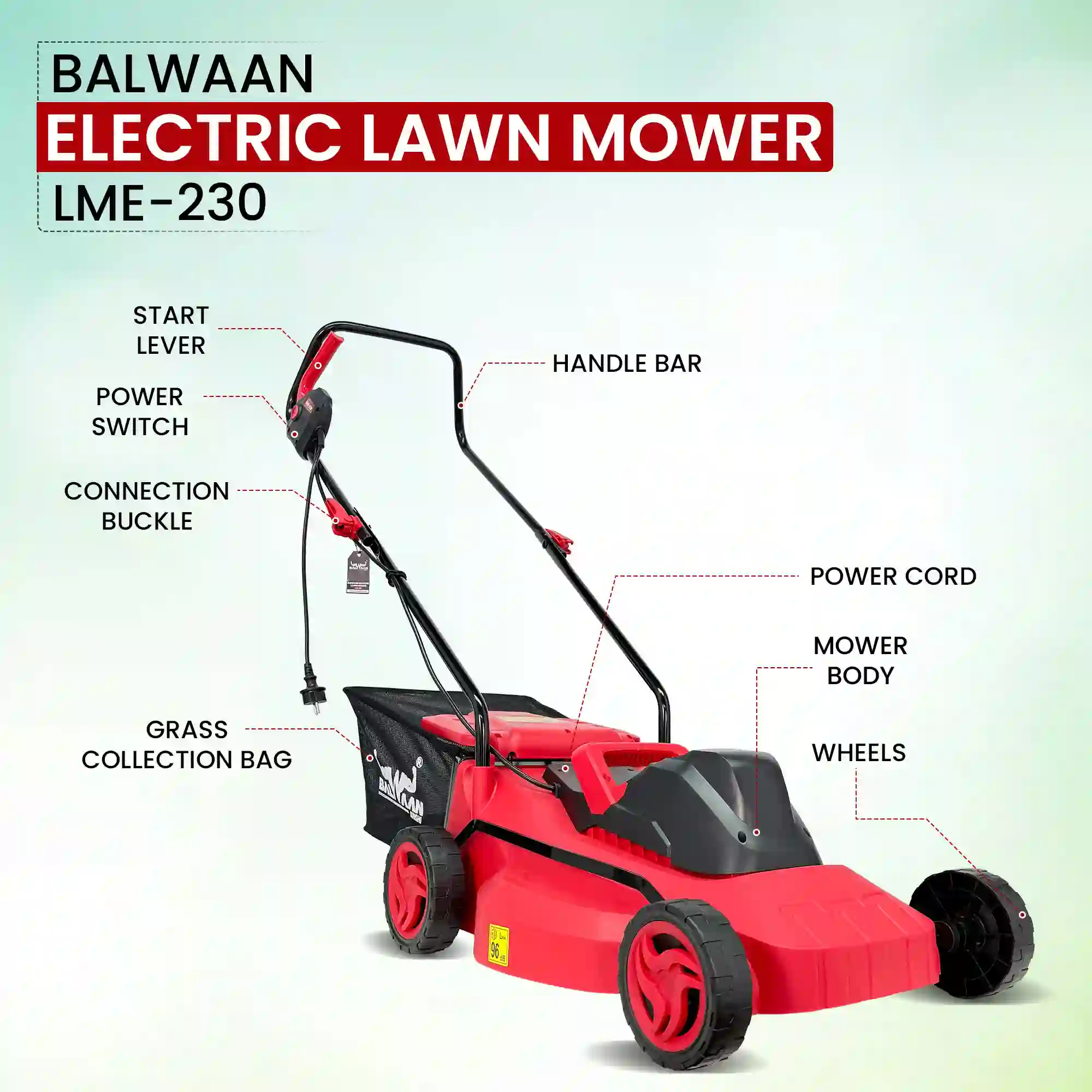 Balwaan LME-230 Electric Lawn Mower 1800W - 400mm Cutting Width - 40L Grass Collector - 3200 RPM High-Speed Blade for Garden & Residential Use - photo 5